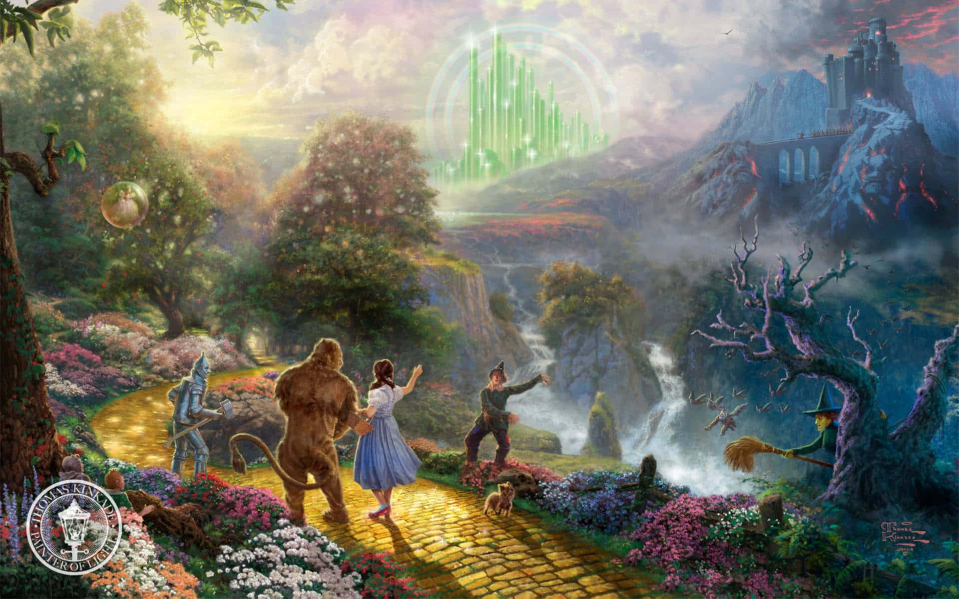 wizard 桌布 壁紙 — 四位冒險者走過一條金色小徑，穿過魔法森林，前往一座閃閃發光的翡翠城，附近有一個騎著掃帚的女巫。