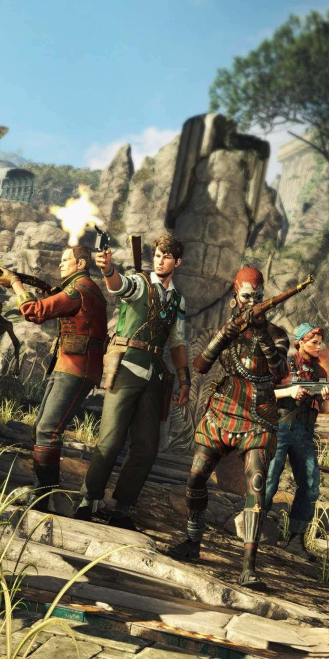 Pixel 3 Strange Brigade 桌布 壁紙 — 四位冒險者身穿堅固裝備，在明亮的日光下於岩石廢墟中開火。
