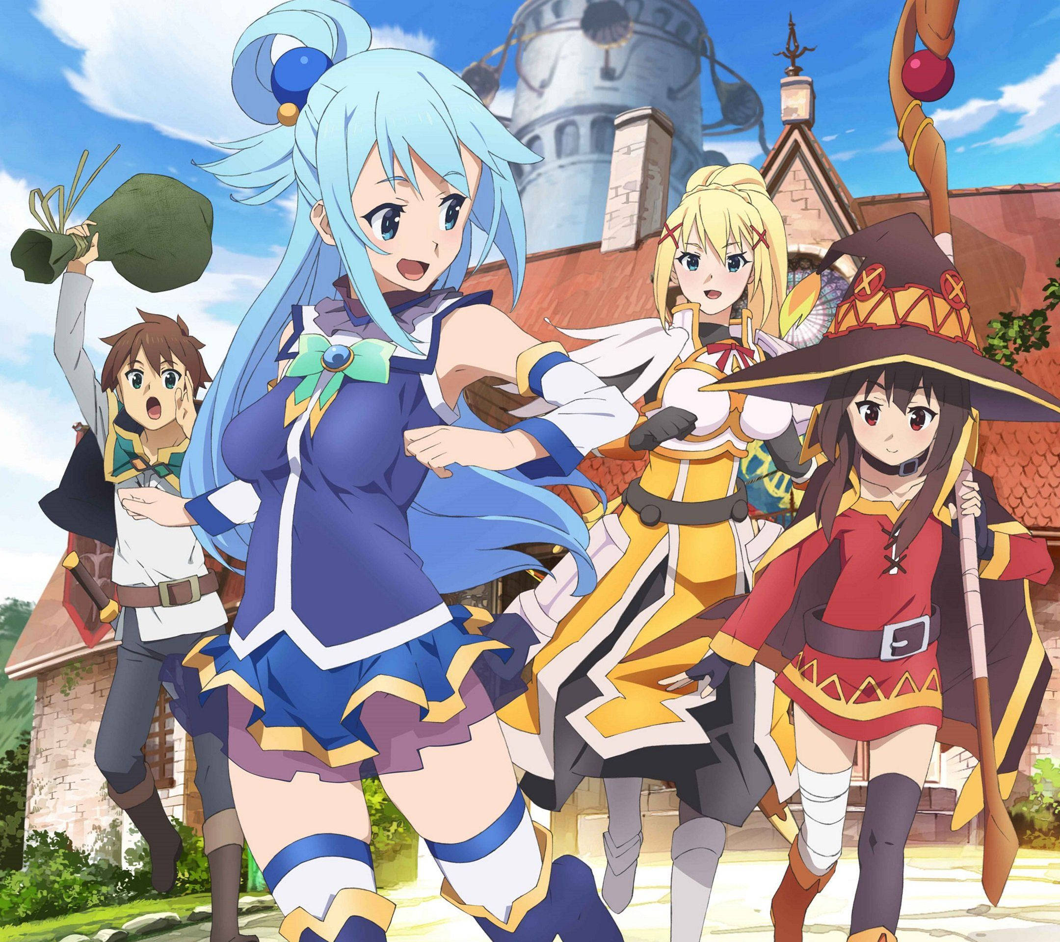 Konosuba 桌布 壁紙 — 四位動漫冒險家穿著色彩繽紛的奇幻服裝，在晴朗藍天下於石城堡前愉快地擺姿勢。