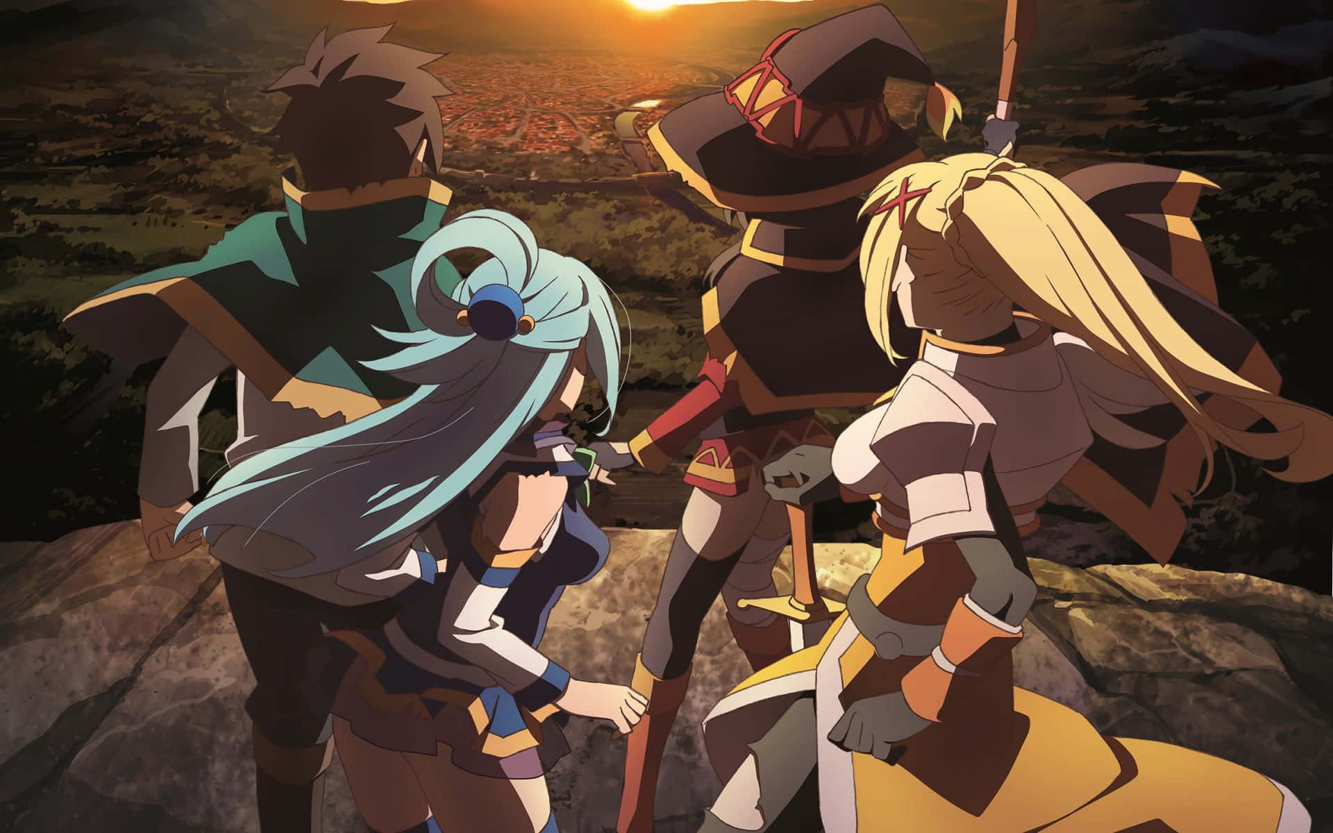 Konosuba God's Blessing On This Wonderful World 桌布 壁紙 — 四位動漫冒險家站在懸崖上，俯瞰著金色日落下的廣闊城市。