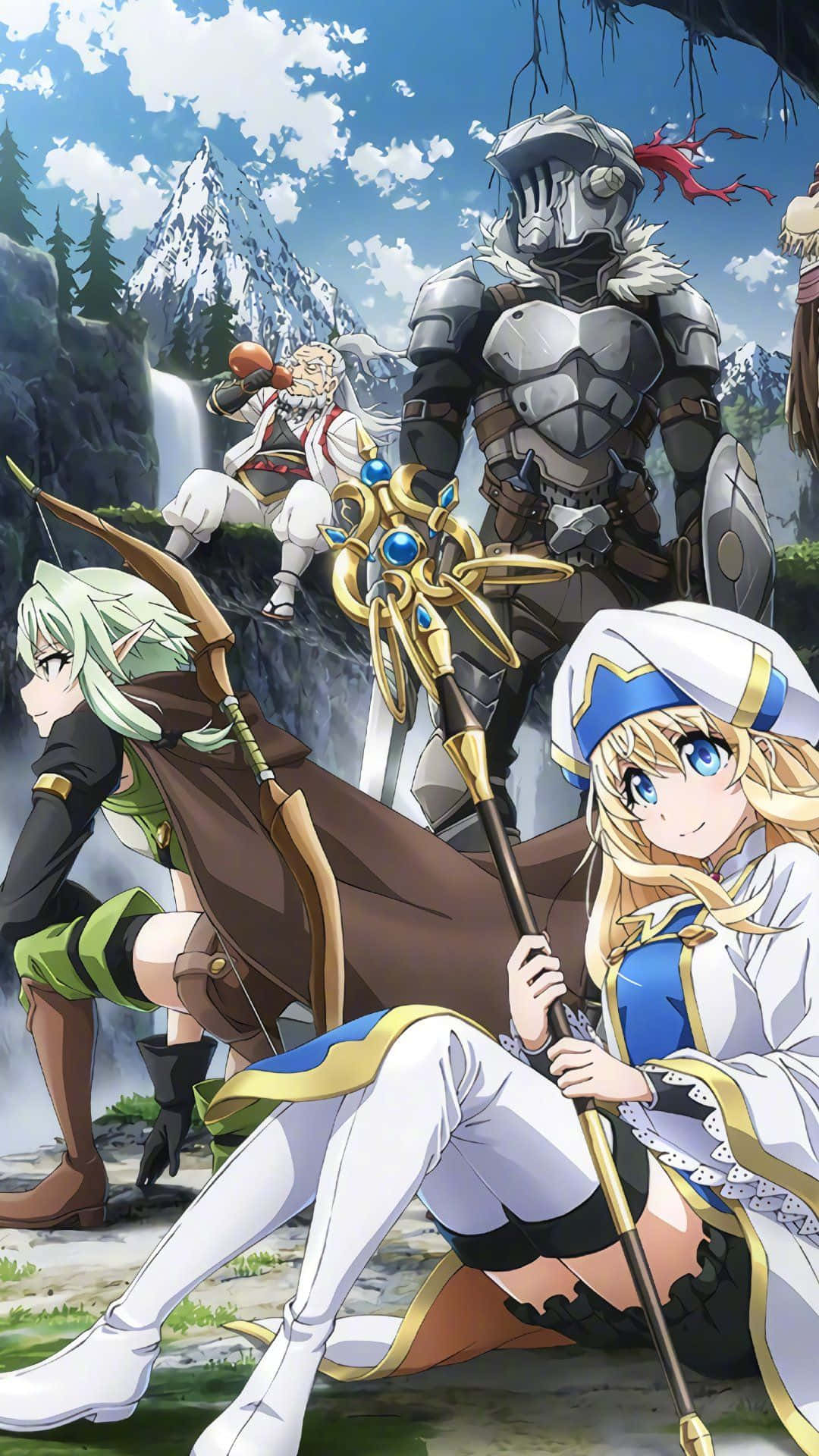 Goblin Slayer 桌布 壁紙 — 四位動漫冒險者在明亮的藍天下，在雪山附近的瀑布旁英勇地擺姿勢。