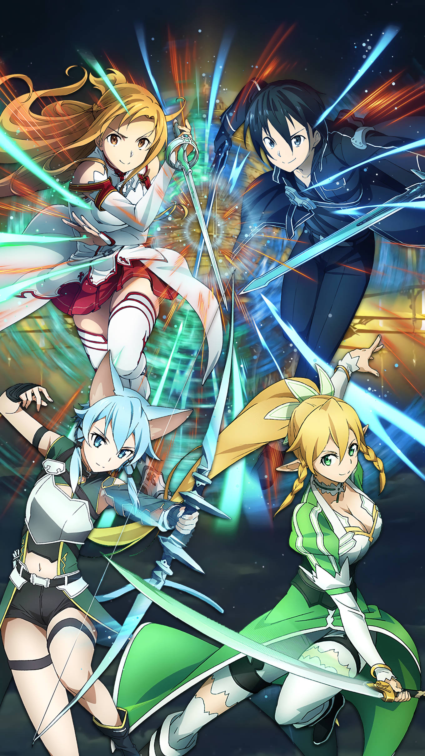 Kirito 桌布 壁紙 — 四位動漫女劍士在宇宙背景下，以炫目的霓虹能量爆發碰撞。
