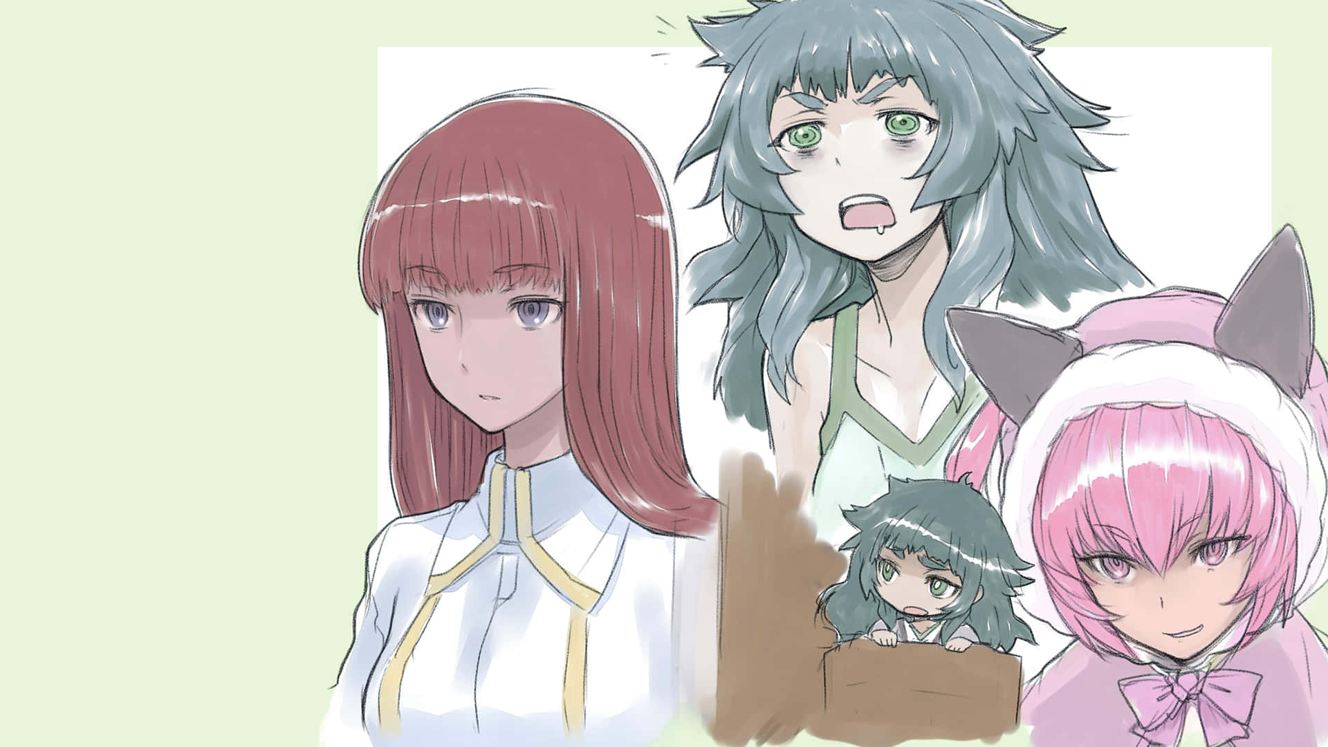 Maho Hiyajo 桌布 壁紙 — 四位動漫女孩，擁有不同的髮色和表情，在柔和的薄荷色背景前擺姿勢。