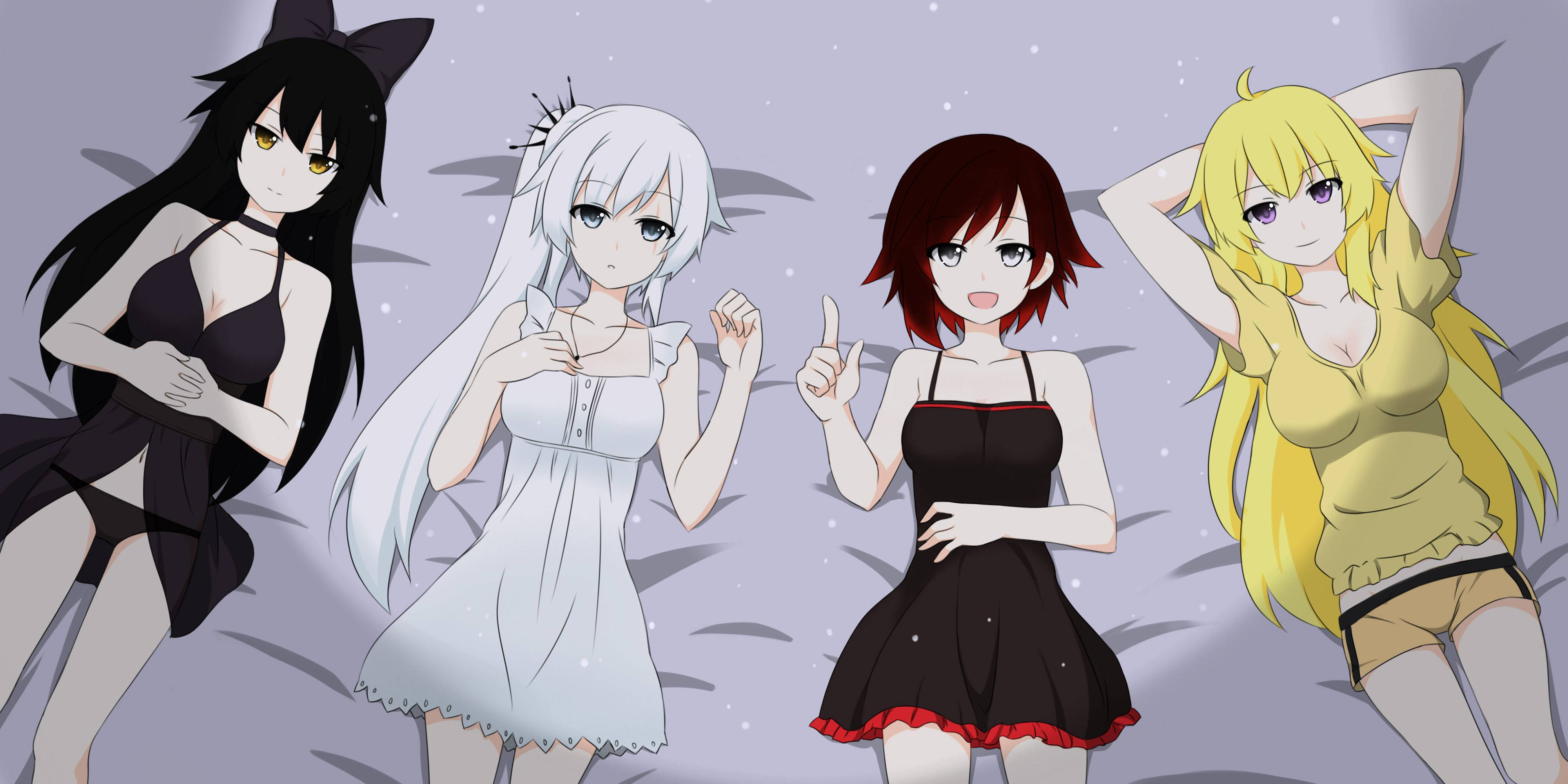 Rwby 桌布 壁紙 — 四位動漫女孩穿著不同服裝，在柔和的灰色背景上擺姿勢，帶有微妙的閃光。