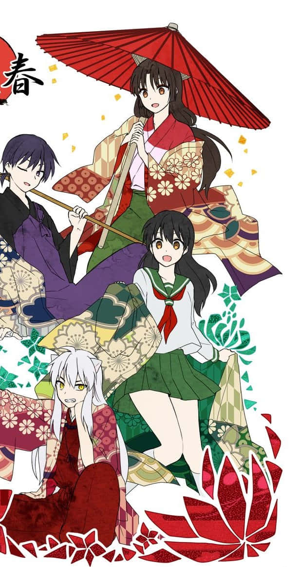 Inuyasha And Miroku 桌布 壁紙 — 四位動漫女孩穿著傳統日本服飾，在白色背景上以花卉圖案和紅色雨傘為襯托擺姿勢。