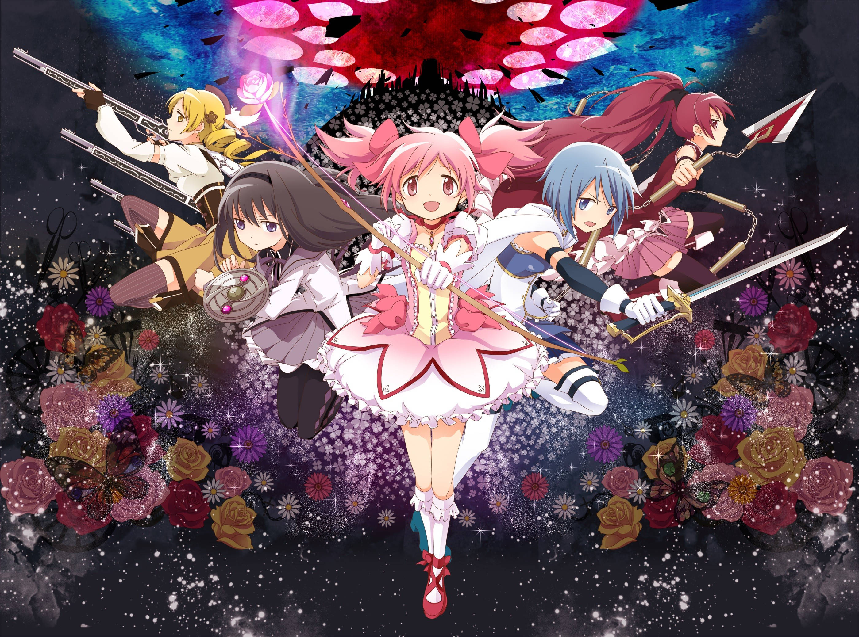 Madoka 桌布 壁紙 — 四位動漫少女在漂浮的花朵和宇宙天空中以戰鬥姿勢手持發光武器。