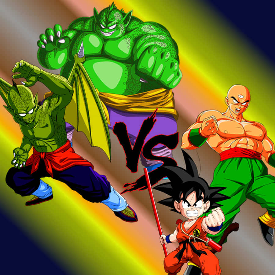 Namek 桌布 壁紙 — 四位動漫戰士以動感姿態在充滿活力的彩虹漸變背景上碰撞。