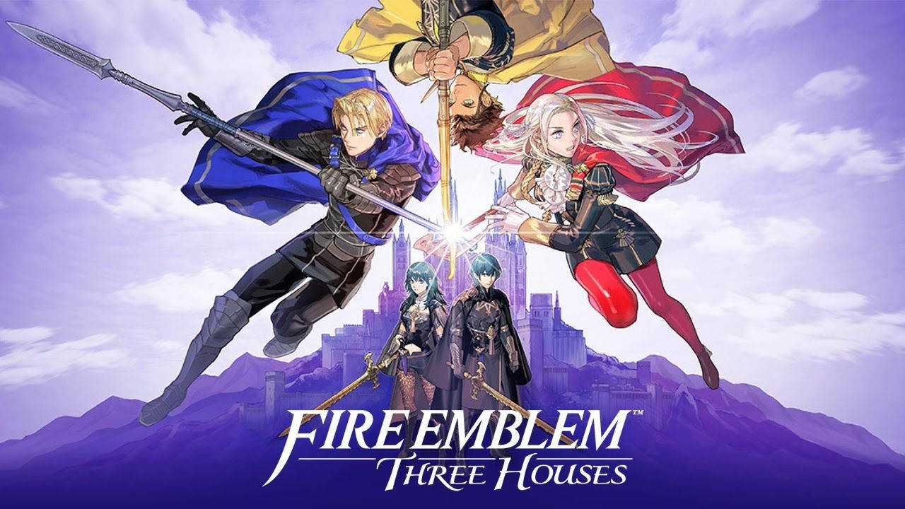 四位動漫戰士在城堡上空以發光的劍刃交鋒，背景為紫色天空。 — Fire Emblem Warriors 壁紙