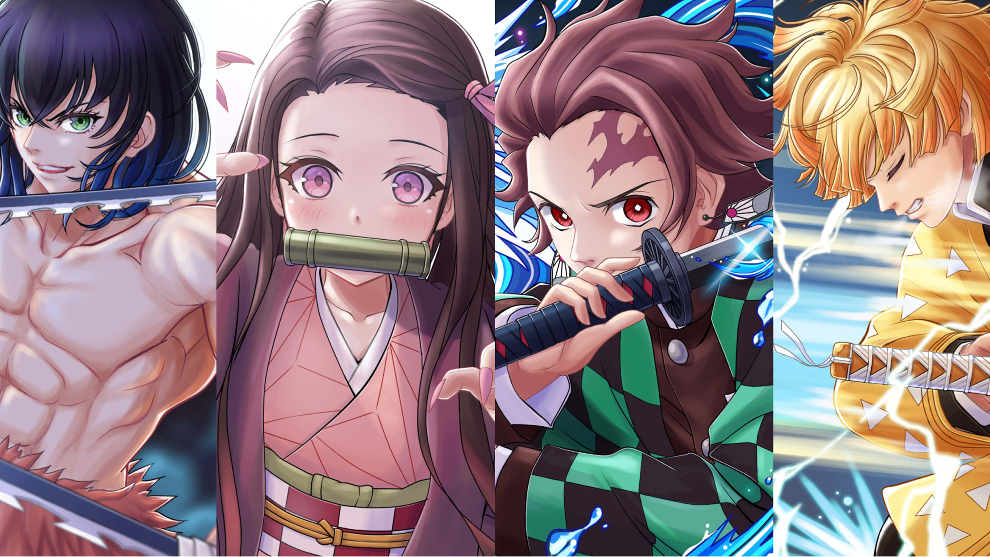 Demon Slayer Zenitsu 4K 桌布 壁紙 — 四位動漫戰士以動態姿勢揮舞帶有發光效果的劍，背景充滿活力。