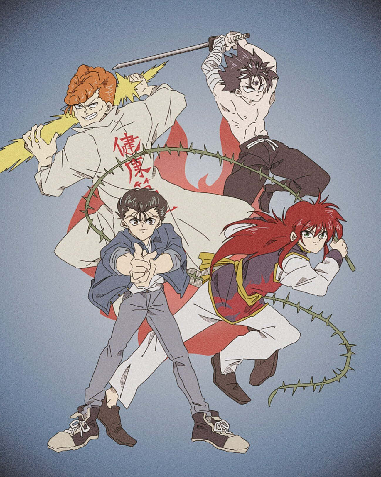 幽遊白書 桌布 壁紙 — 四位動漫戰士以動態戰鬥姿勢揮舞劍和荊棘鞭子，背景為純藍色。