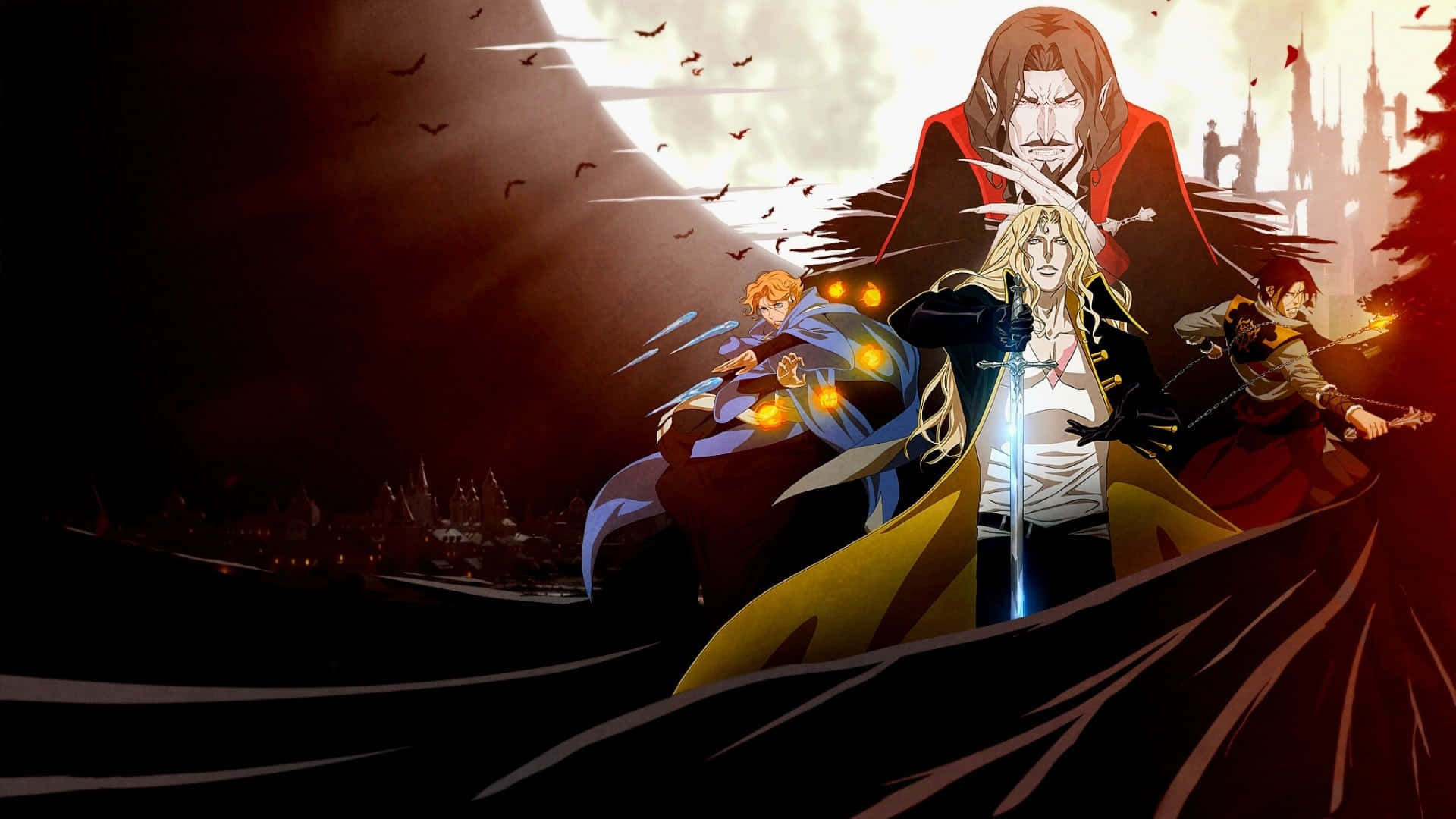 Castlevania 桌布 壁紙 — 四位動漫戰士以戲劇性的剪影站在黑暗的天空下，背景有發光的月亮和飛翔的蝙蝠。