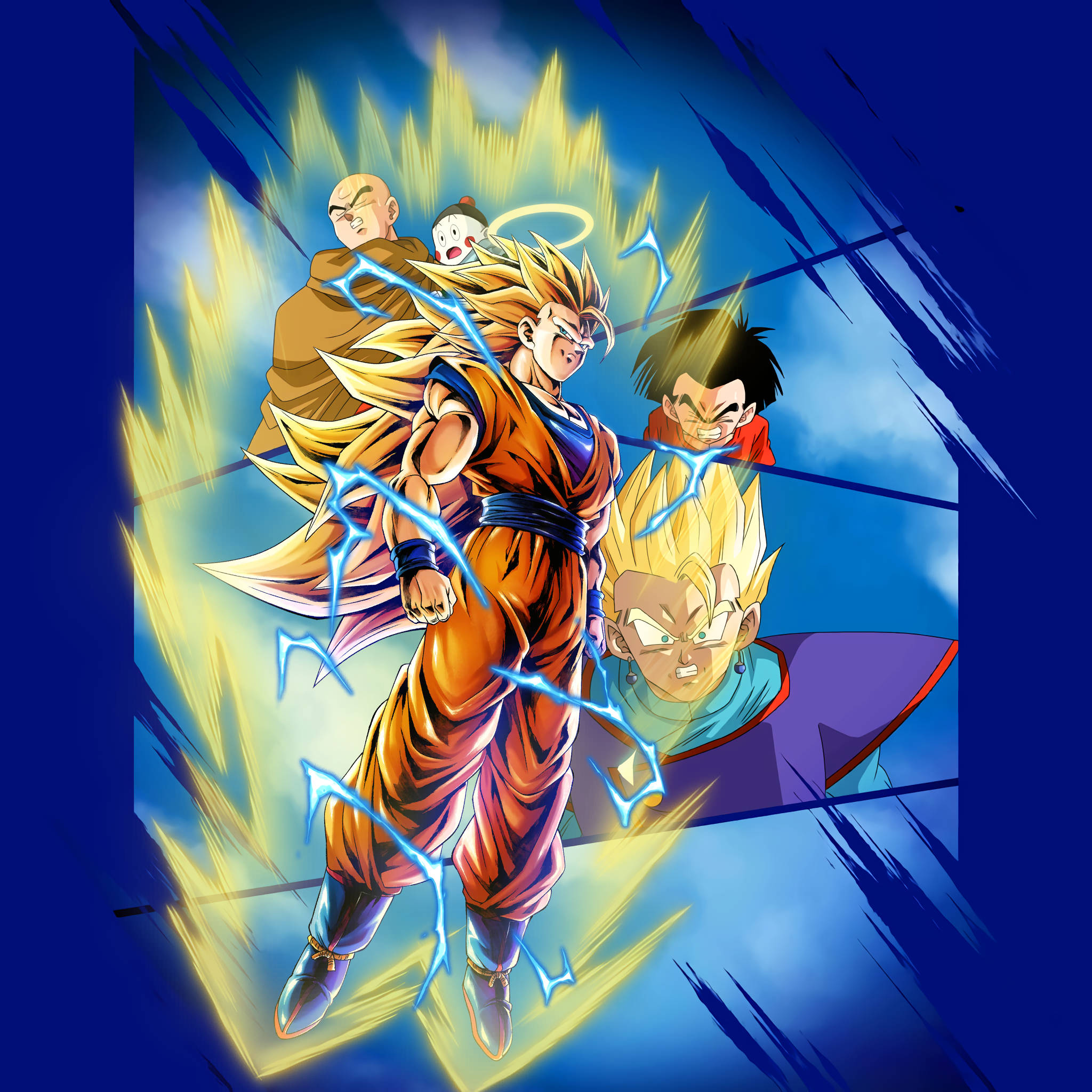 Goku Aesthetic 桌布 壁紙 — 四位動漫戰士以超級賽亞人形態，在動態的藍色和黃色背景前釋放電能。