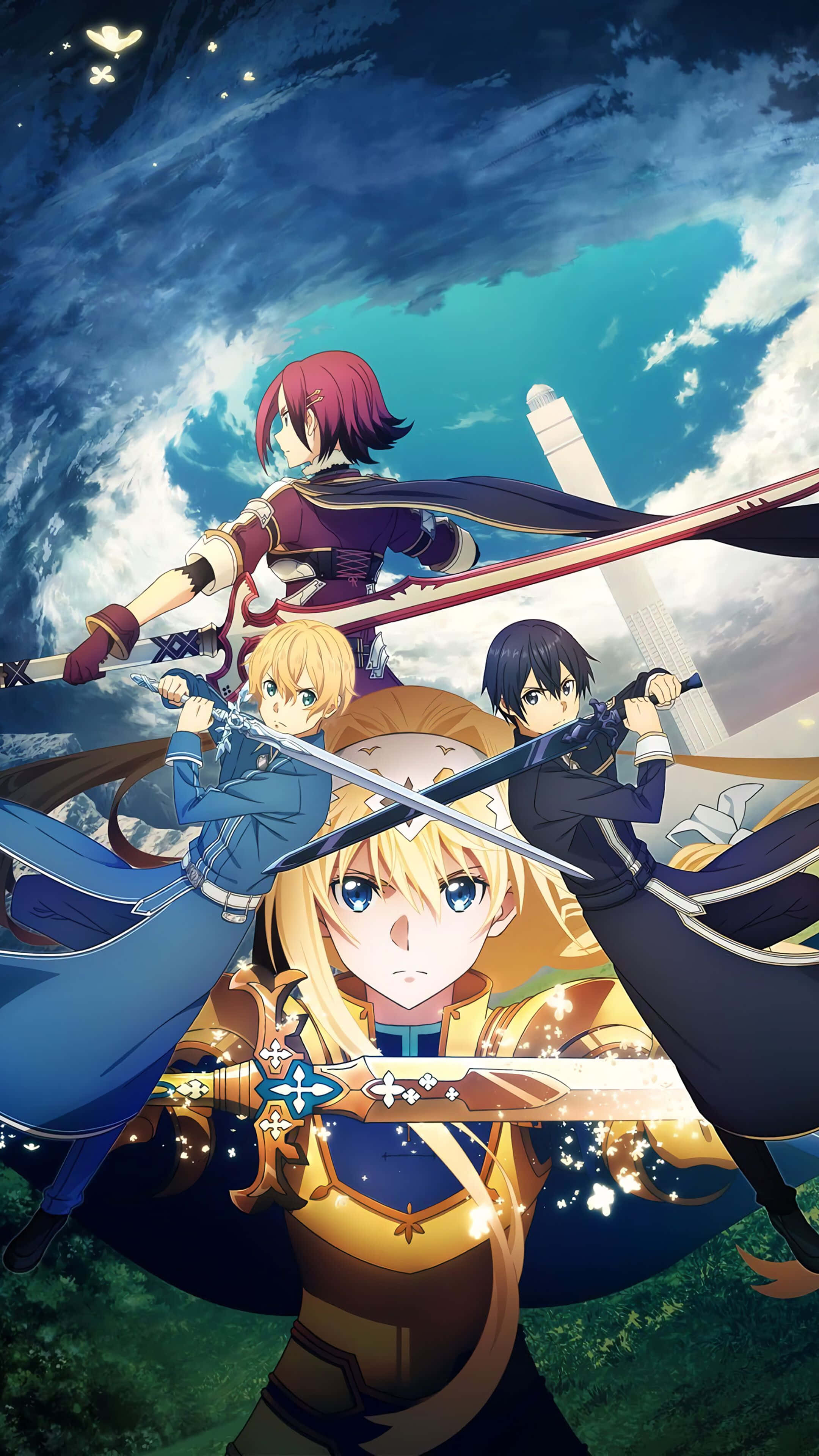 Sword Art Online Eugeo 桌布 壁紙 — 四位動漫戰士在充滿發光粒子的戲劇性天空下，以動態戰鬥姿勢手持劍。