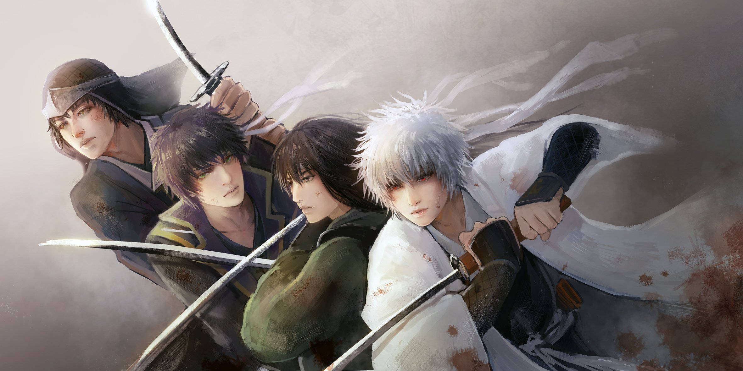 Anime Samurai 桌布 壁紙 — 四位動漫戰士在旋轉迷霧和血跡中擺出動態戰鬥姿勢，手持刀劍。