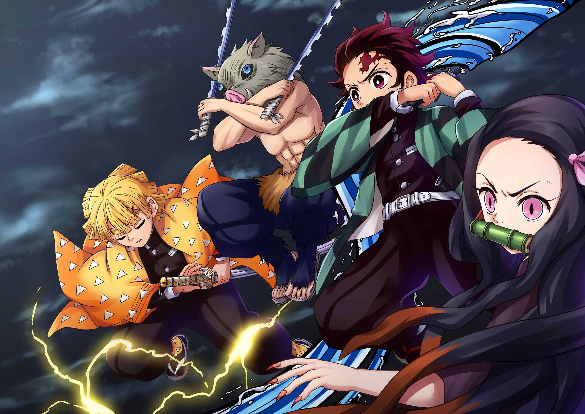 Demon Slayer Inosuke 桌布 壁紙 — 四位動漫戰士在暴風雨的天空下擺出動態戰鬥姿勢，帶有閃電和水效果。
