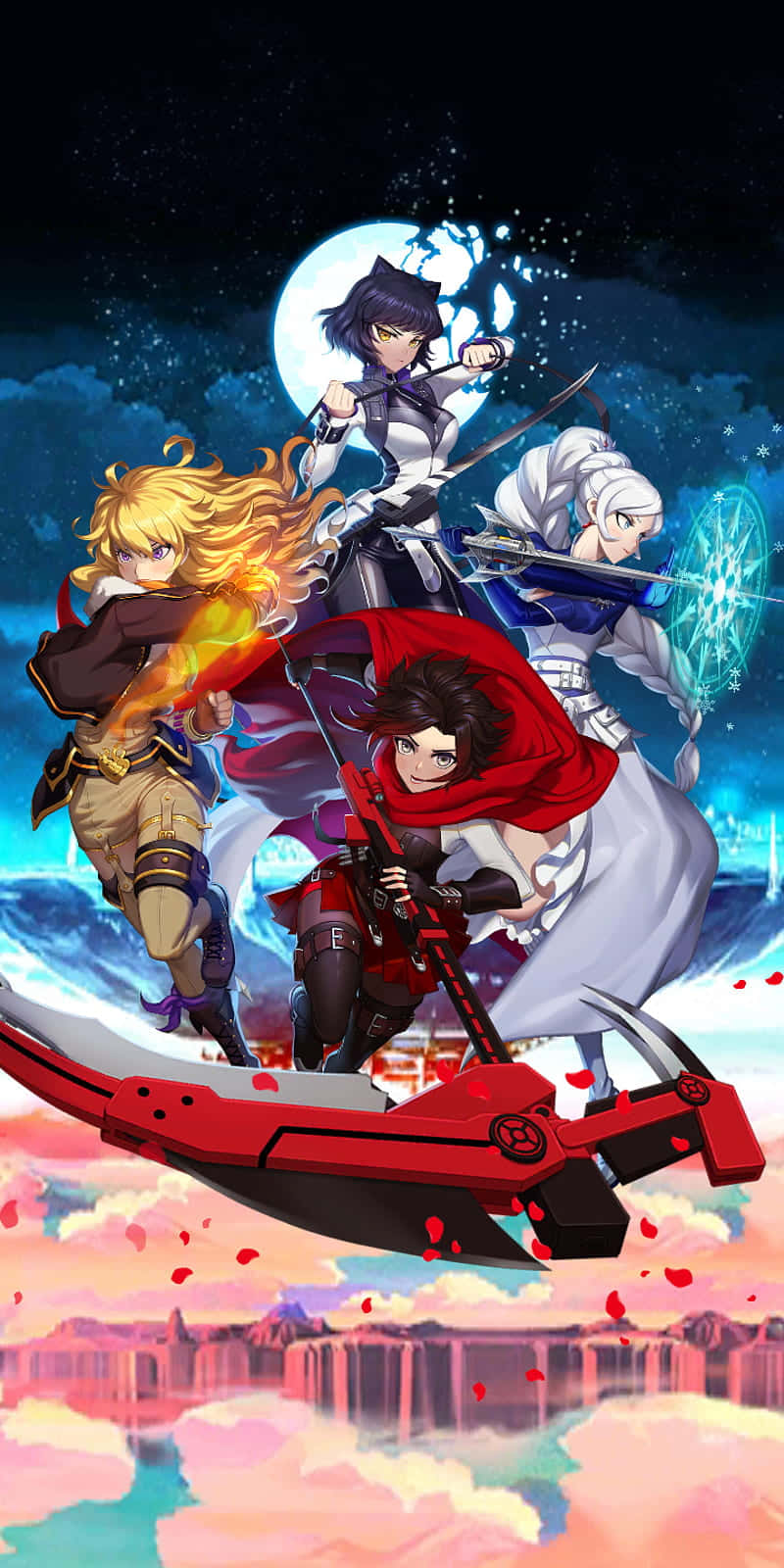 Rwby 桌布 壁紙 — 四位動漫戰士在紅色機甲上戰鬥，背景是星光閃爍的月夜天空，下方有飄落的花瓣。