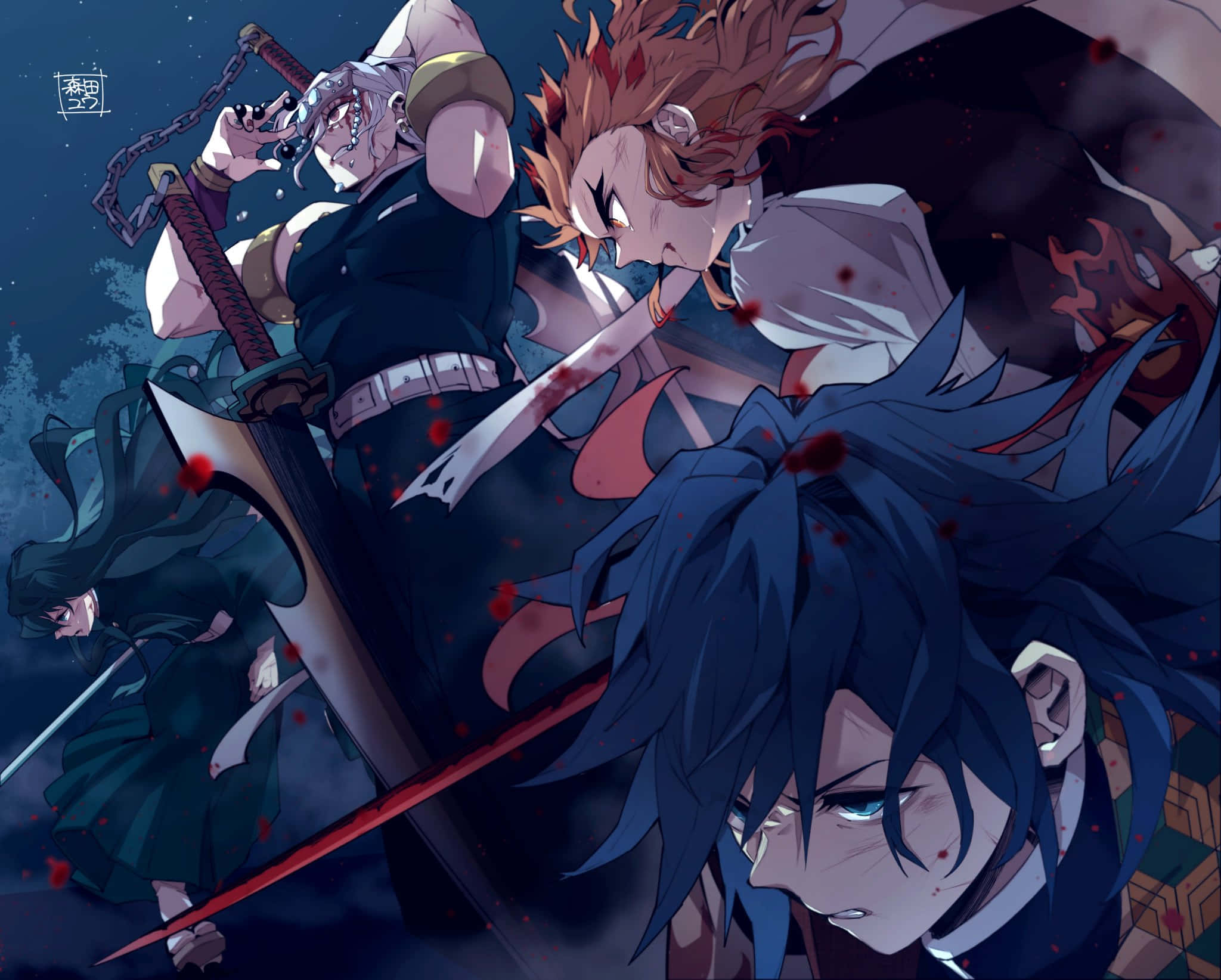 Rengoku And Tengen 桌布 壁紙 — 四位動漫戰士在黑暗的夜戰中揮劍交鋒，鮮血在空中飛濺。