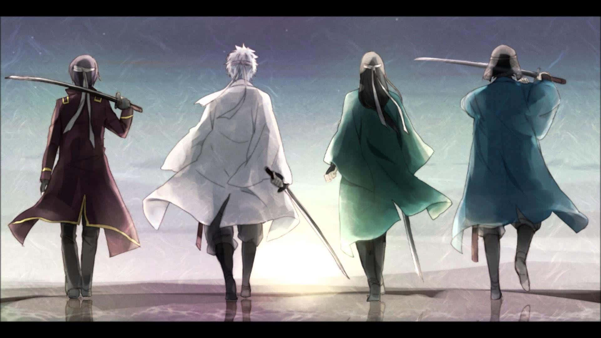 銀魂 桌布 壁紙 — 四位動漫戰士身穿飄逸長袍，在暮色天空下背對觀眾手持劍刃。
