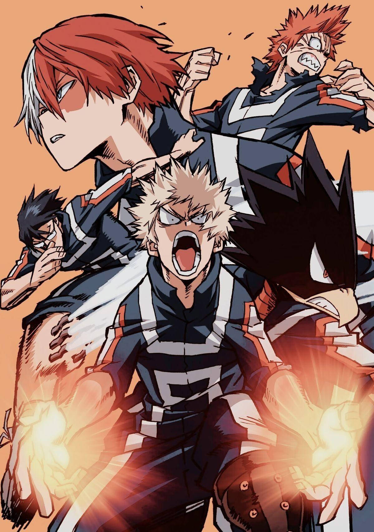 Todobakudeku 桌布 壁紙 — 四位動漫英雄以動態戰鬥姿勢，發光拳頭，在溫暖的橙色背景下。