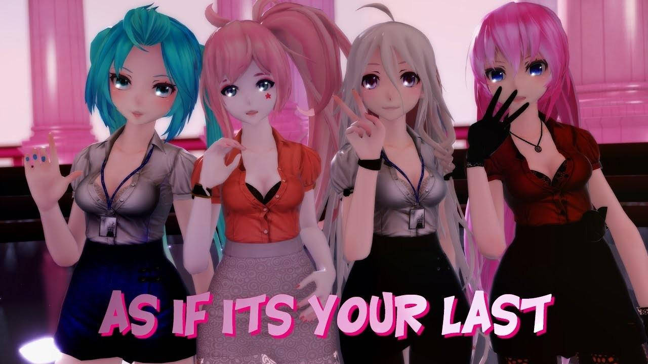 四位動漫女孩在粉紅色燈光的房間裡擺出和平手勢。 — Blackpink 動畫 GIF 壁紙
