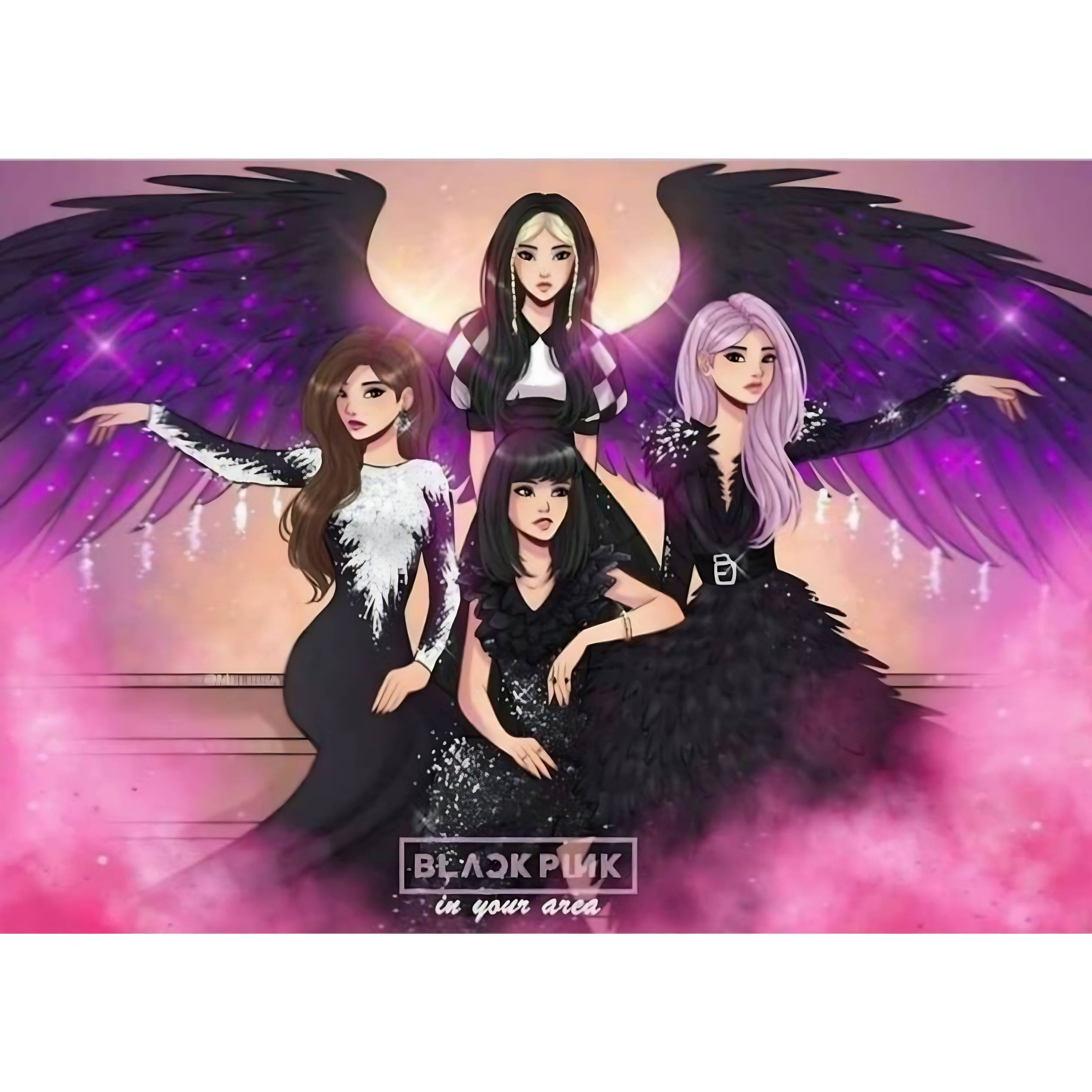 BLACKPINK 桌布 壁紙 — 四位動漫風格女性，擁有黑色翅膀和閃閃發光的黑色連衣裙，在宇宙粉紅色和紫色背景前擺姿勢。