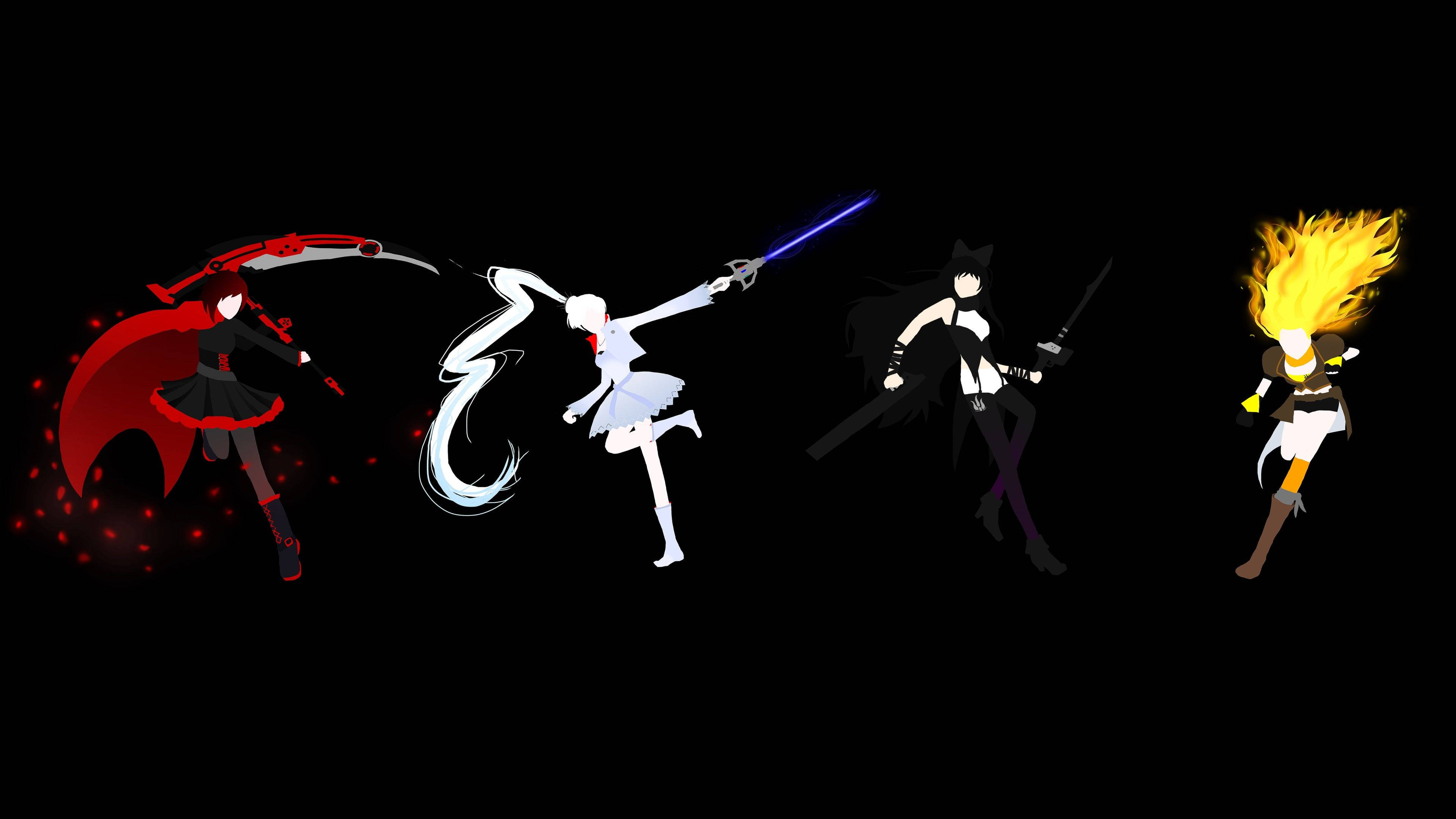 Rwby 桌布 壁紙 — 四位動漫風格女戰士在黑色背景上以動態戰鬥姿勢呈現，帶有發光效果。