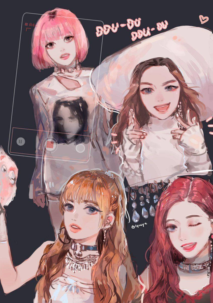四位髮色繽紛的動漫少女與UI元素和心形擺姿勢。 — Blackpink 動畫 GIF 壁紙