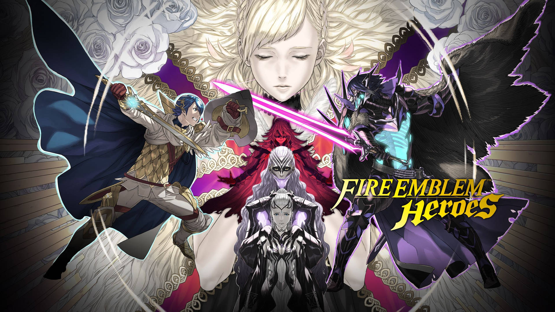 四位動漫英雄手持發光劍和翅膀，站在戲劇性的奇幻場景中。 — Fire Emblem Warriors 壁紙