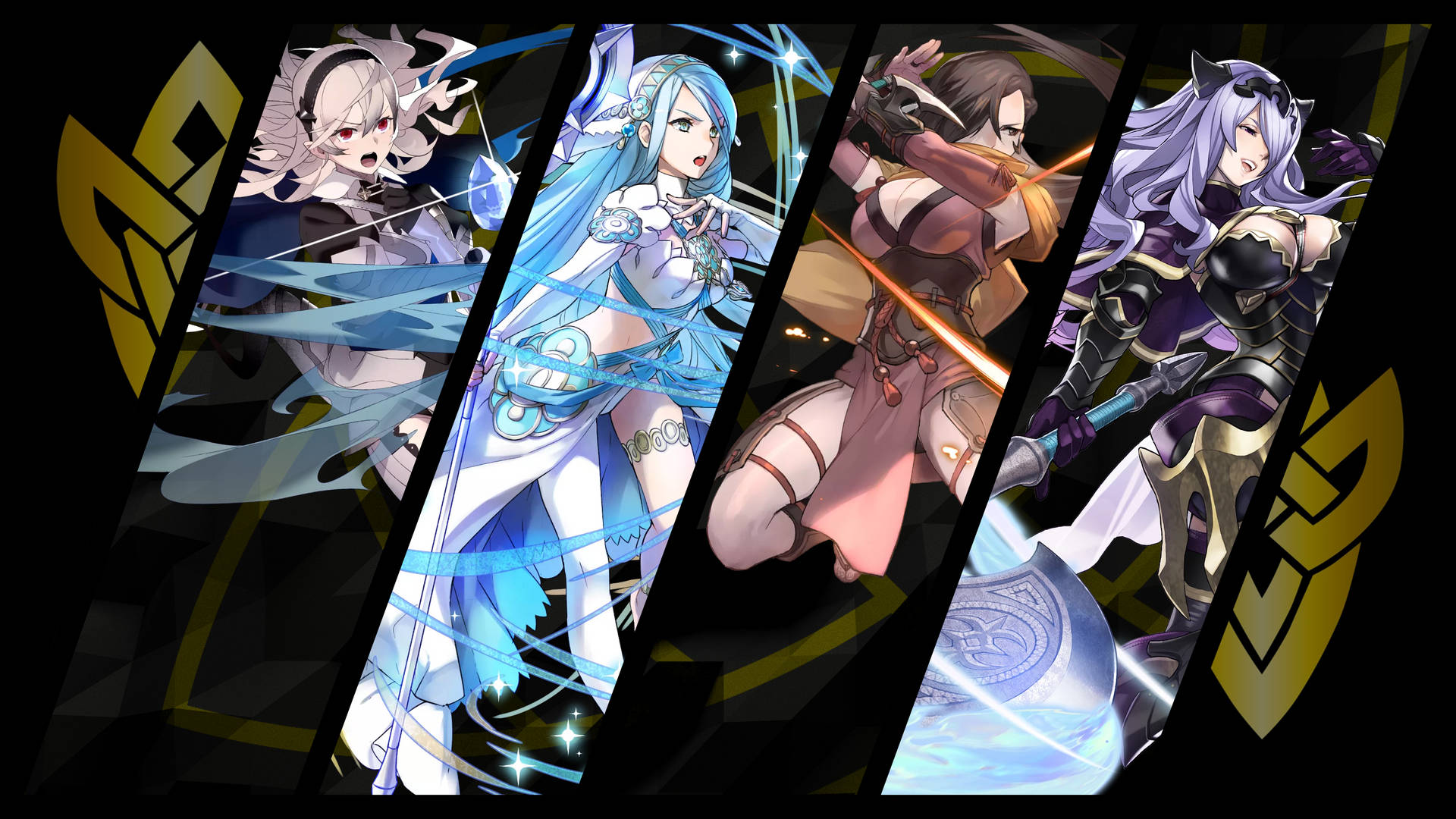 四位動漫女戰士，手持發光武器，擺出動態戰鬥姿勢。 — Fire Emblem Warriors 壁紙