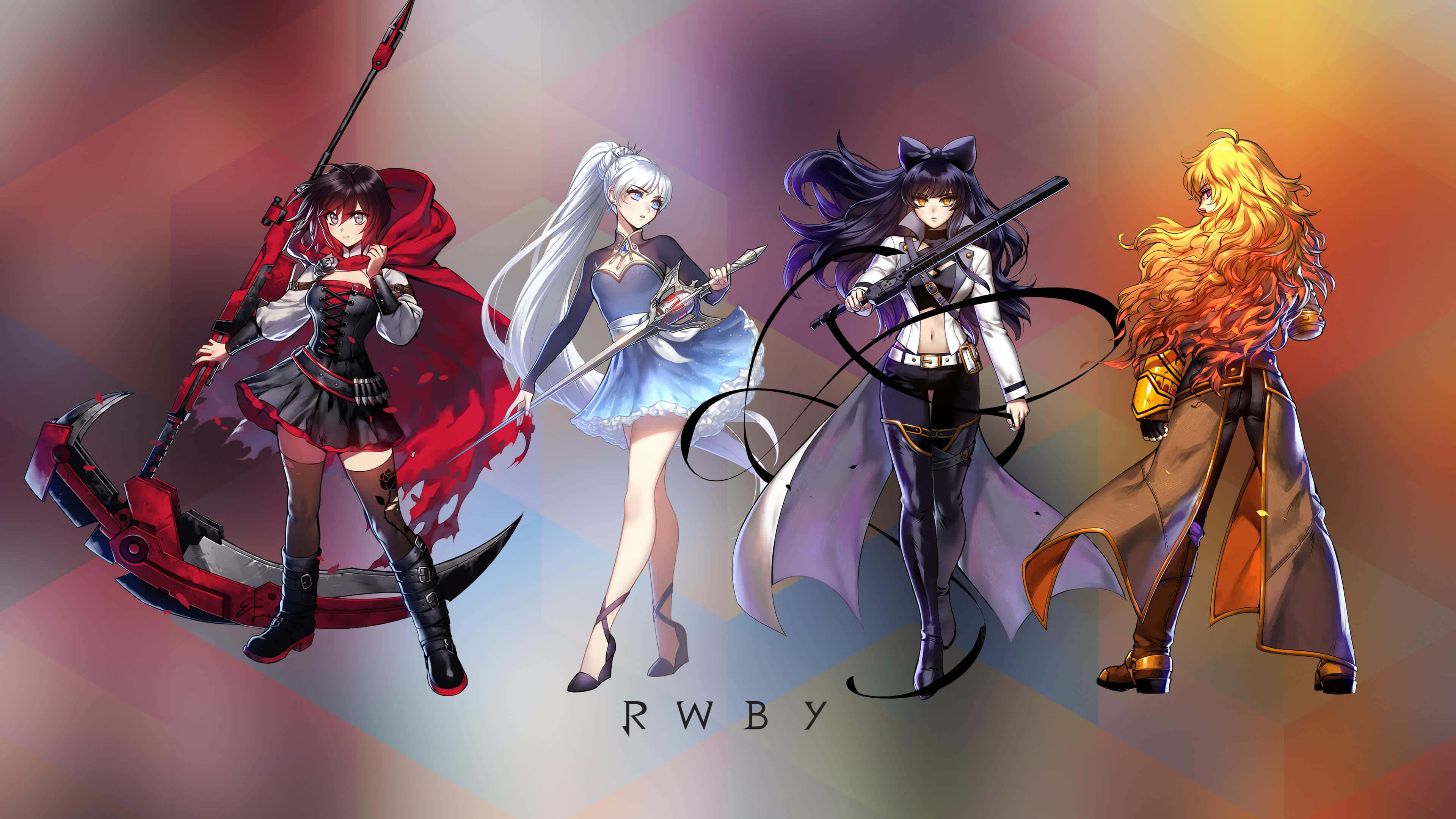 RWBY 桌布 壁紙 — 四位動漫風格的女戰士以動態姿勢手持武器，背景為彩色幾何漸變。