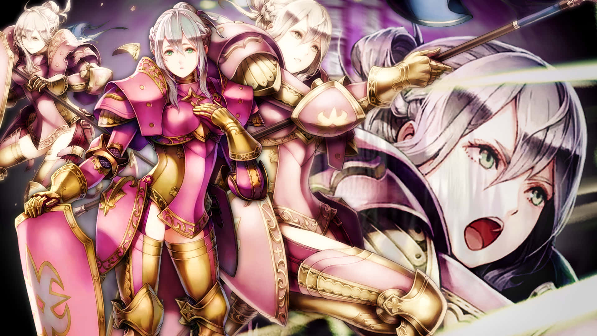 四位動漫女戰士身穿粉紅色和金色盔甲手持武器。 — Fire Emblem Warriors 壁紙