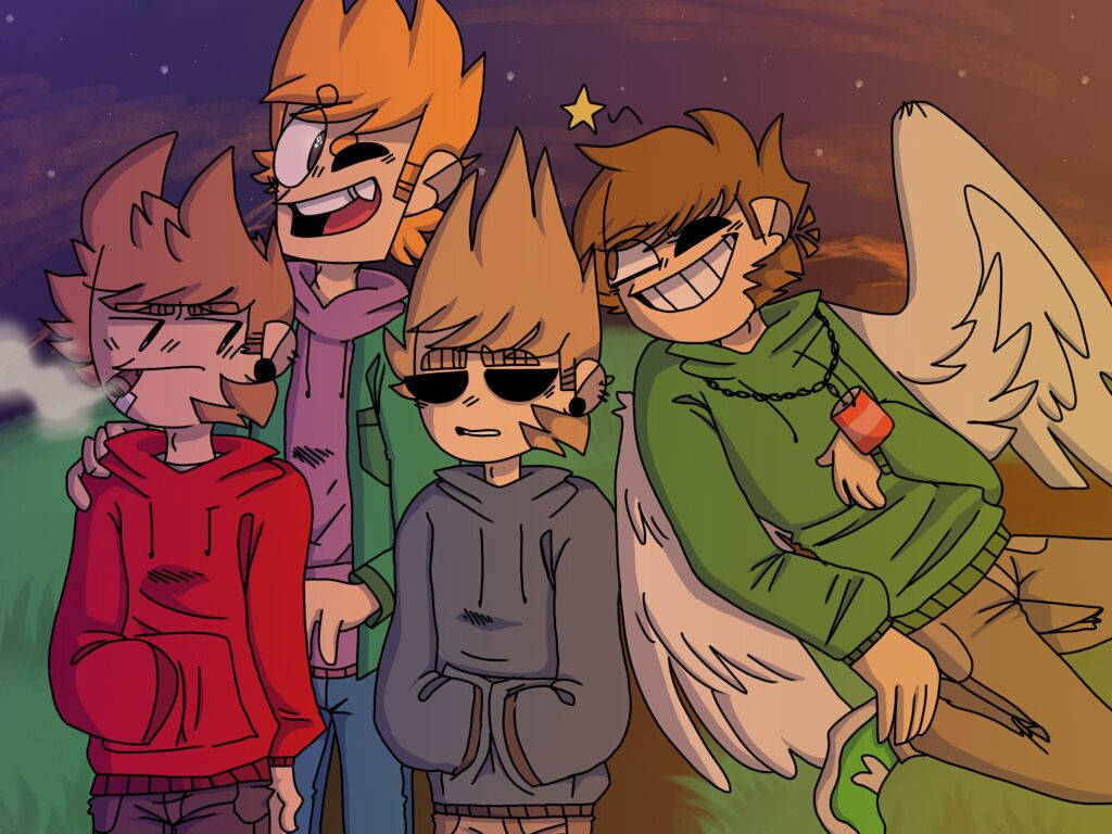 Eddsworld 桌布 壁紙 — 四位動漫風格的朋友，有著尖刺頭髮和翅膀，在星光燦爛的暮色天空下愉快地擺姿勢。