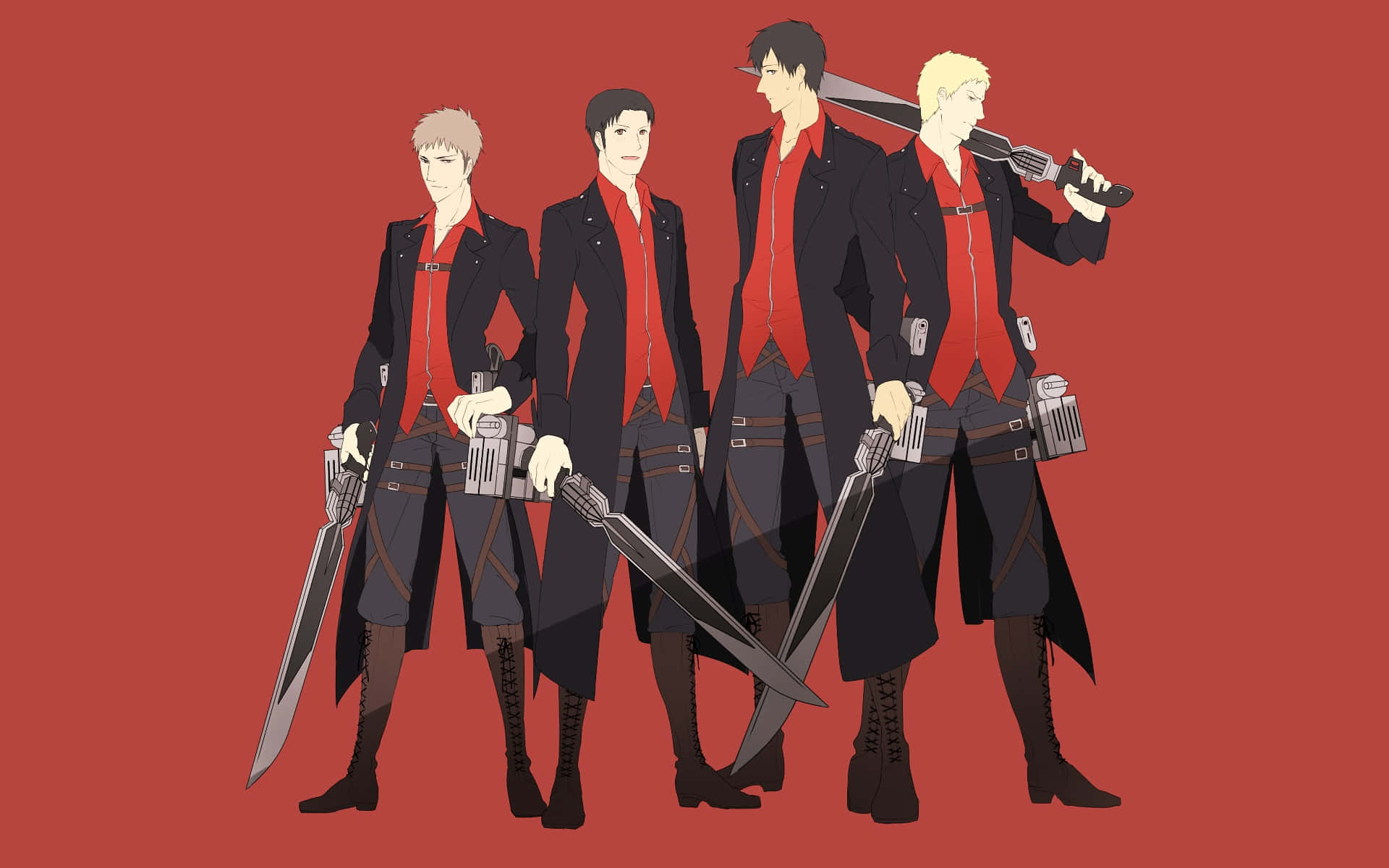 Bertholdt Hoover 桌布 壁紙 — 四位動漫風格的男性戰士，身穿黑色外套和紅色襯衫，自信地手持劍，背景為純紅色。