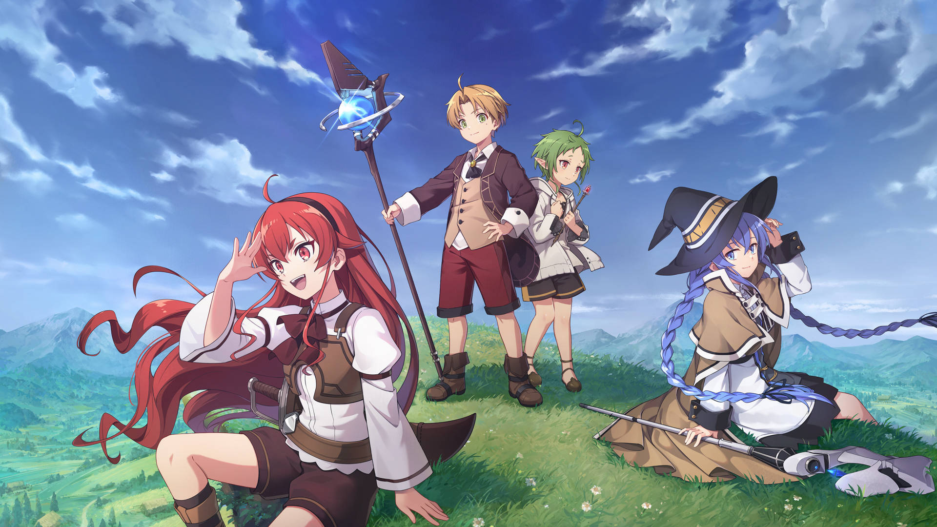 Mushoku Tensei 桌布 壁紙 — 四位動畫冒險者帶著魔法裝備，在藍天白雲下的草地上愉快地擺姿勢。