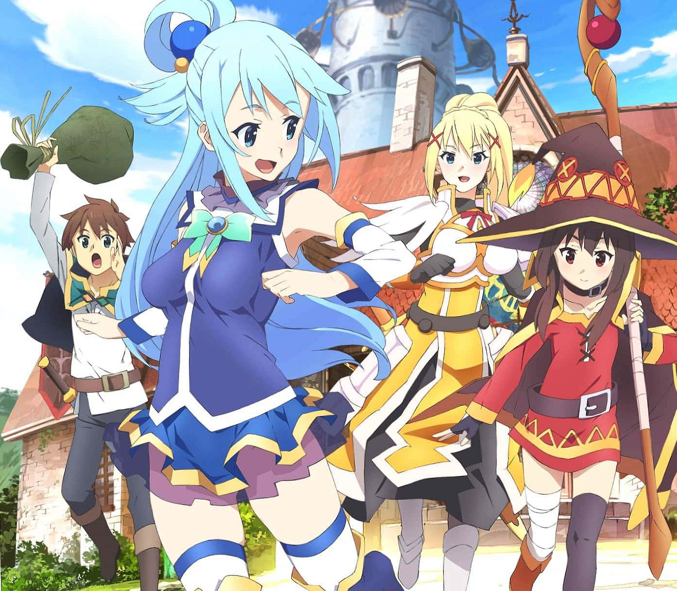 Konosuba 桌布 壁紙 — 四位動畫冒險者穿著色彩繽紛的奇幻服裝，在晴朗藍天下於石城堡前愉快地擺姿勢。