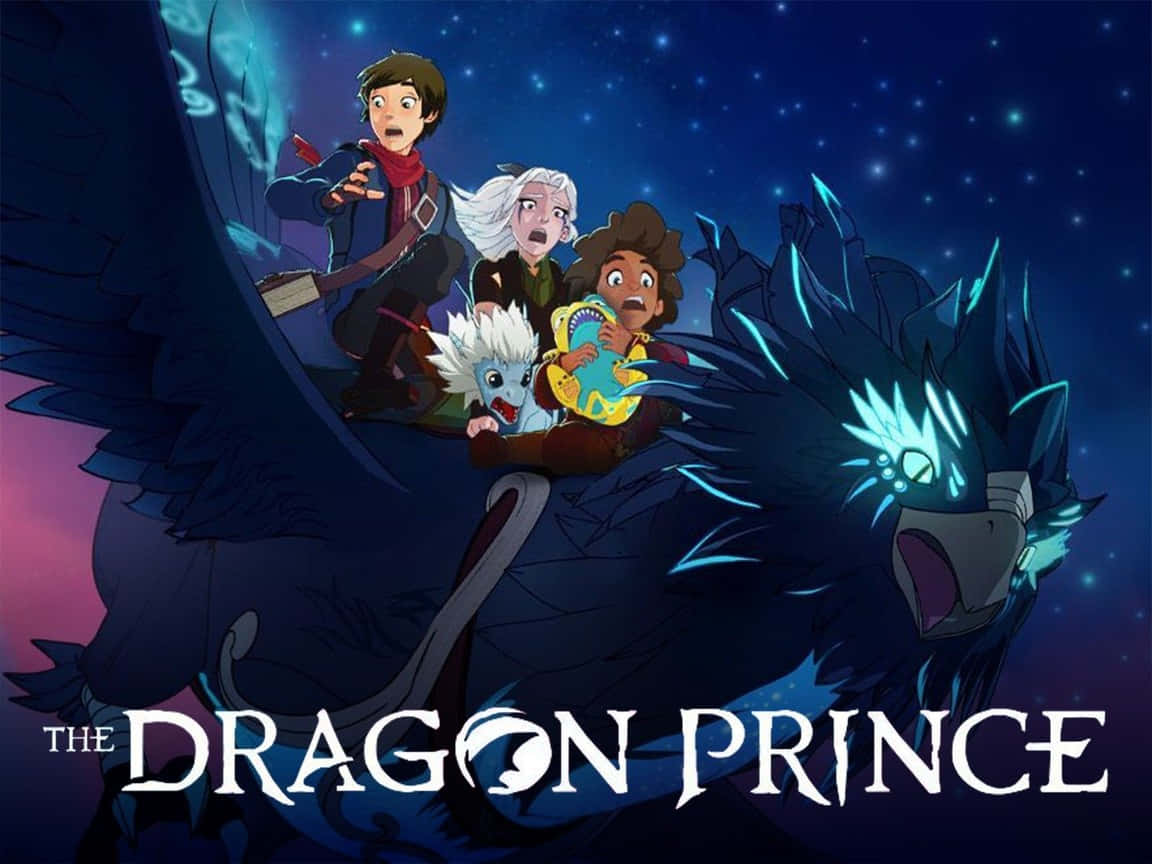 The Dragon Prince 桌布 壁紙 — 四位動畫冒險者與一個小生物騎著一隻巨大的發光藍龍穿越星空夜空。