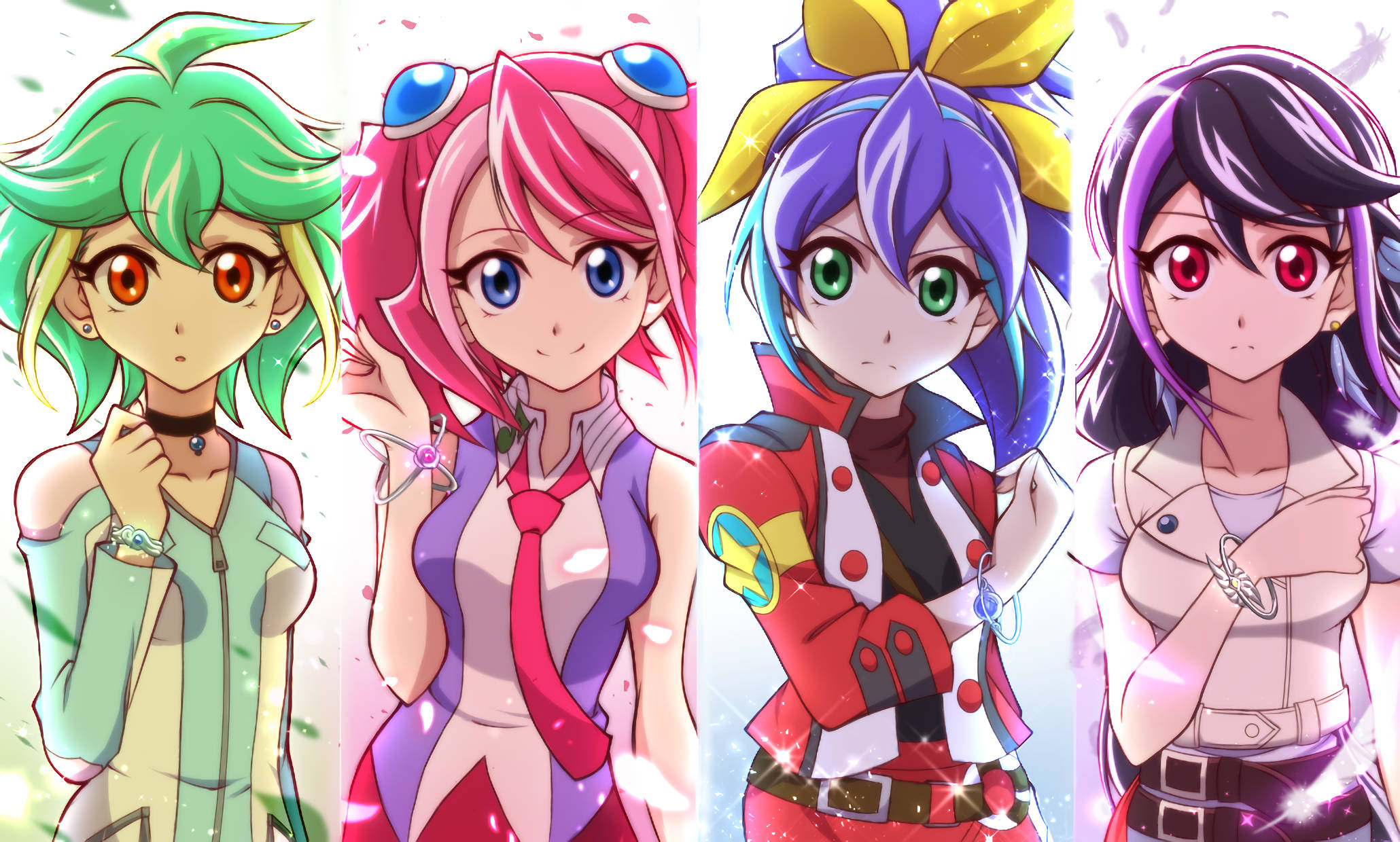 Yu Gi Oh 桌布 壁紙 — 四位動畫女孩，擁有鮮豔的頭髮和閃爍效果，穿著色彩繽紛的服裝並排站立。