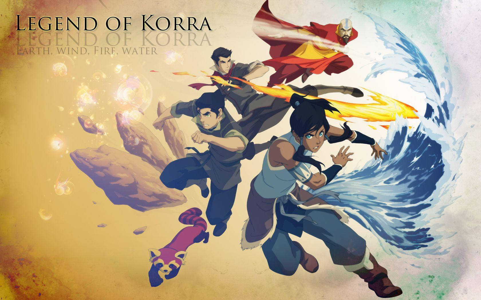 Korra 桌布 壁紙 — 四位動畫英雄以元素力量戰鬥，大地、火焰、水和空氣在他們周圍動態旋轉。