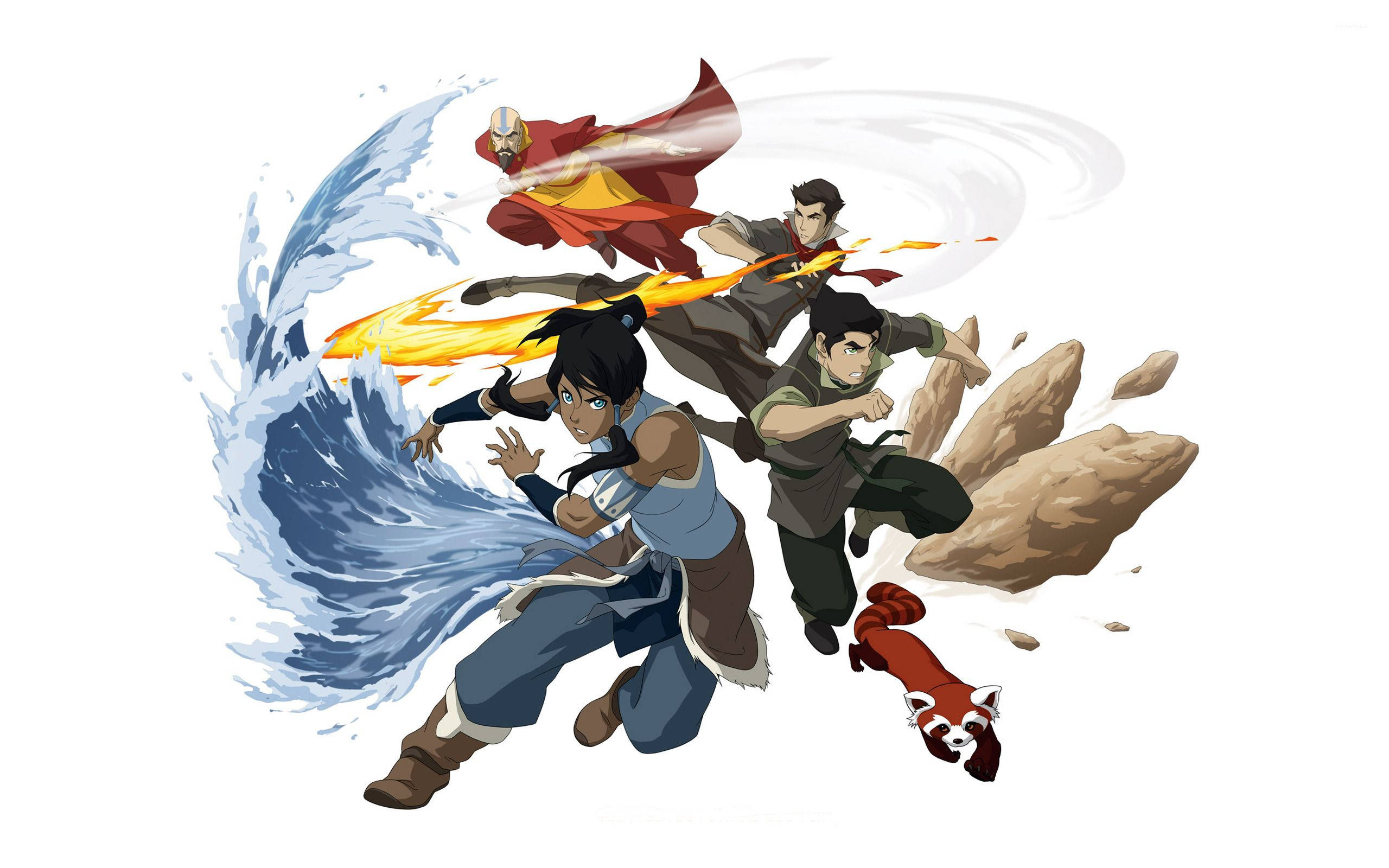 Korra 桌布 壁紙 — 四位動畫英雄以動態戰鬥姿勢，在純白背景下施展元素力量。