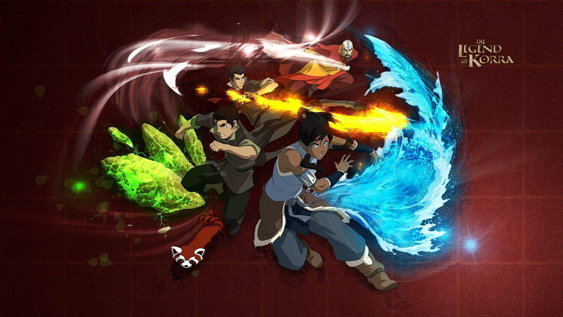 Korra 桌布 壁紙 — 四位動畫英雄在深紅色背景下釋放元素力量——火、土、水、風——展開一場動態戰鬥。