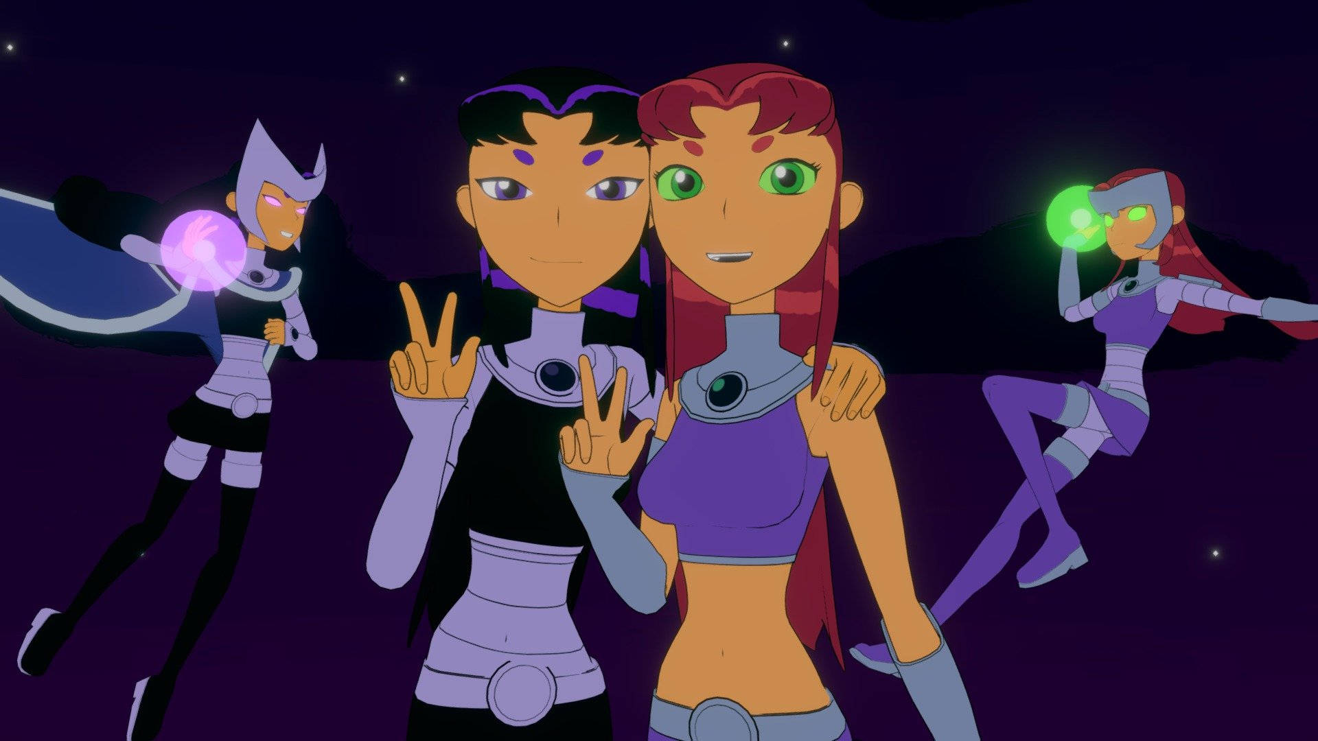 Blackfire 桌布 壁紙 — 四位動畫超級女英雄穿著紫色和黑色服裝，在星空夜空中自信地擺姿勢，伴隨著發光球體。