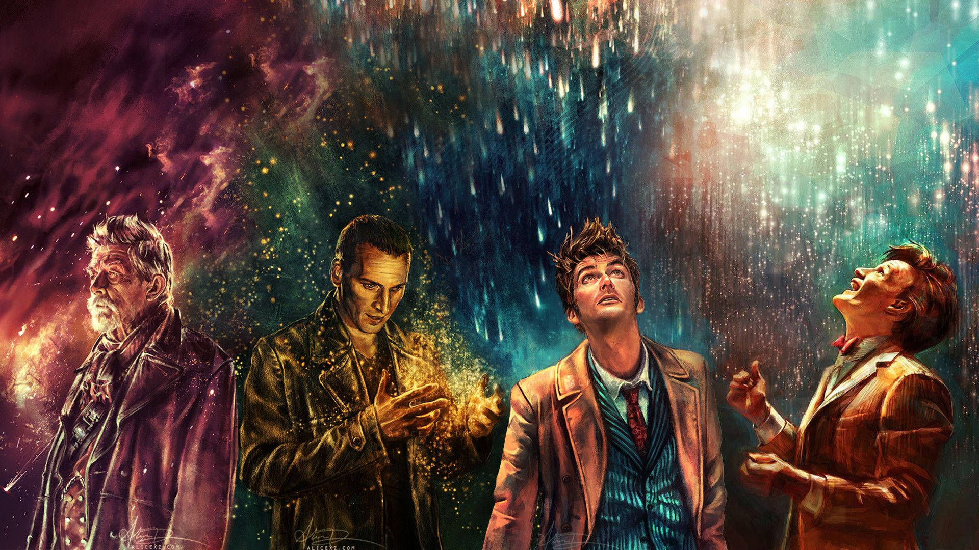 who 桌布 壁紙 — 四位博士的化身仰望，宇宙之雨穿過充滿發光粒子的鮮豔星雲落下。