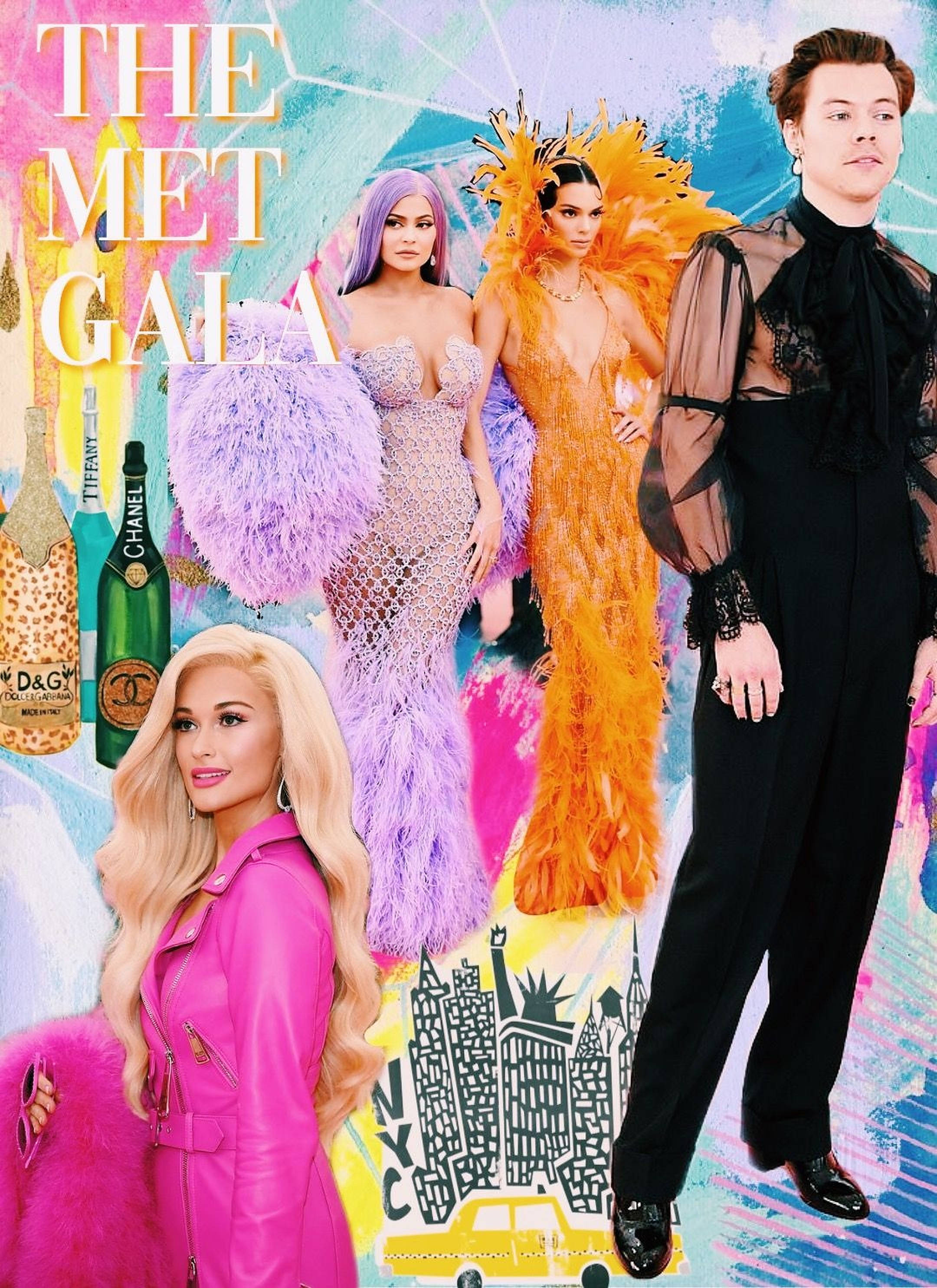 Gala 桌布 壁紙 — 四位名人穿著奢華服裝，在充滿活力的抽象背景前擺姿勢，背景上有奢侈品牌和紐約市天際線輪廓。