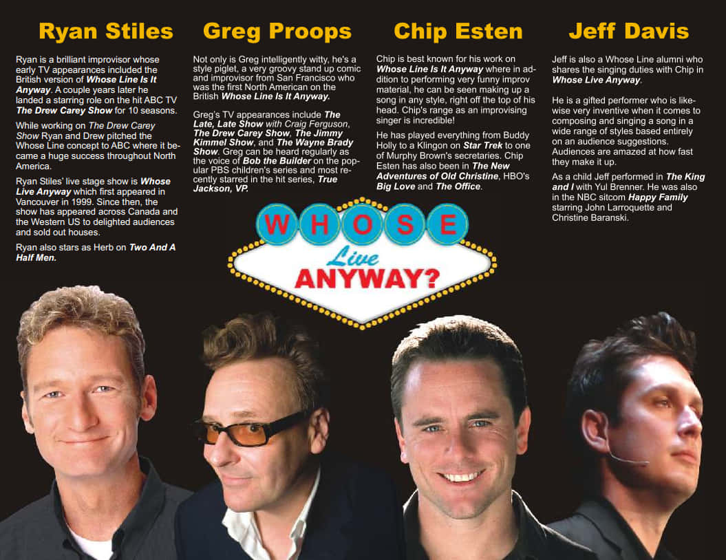 Canadian 桌布 壁紙 — 四位喜劇演員在發光的「Whose Live Anyway?」招牌下擺姿勢，周圍環繞著傳記文字。