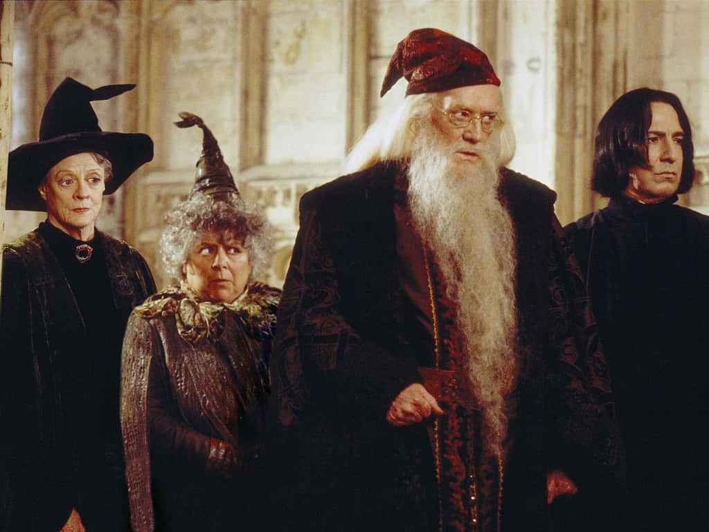 The Hogwarts Professors 桌布 壁紙 — 四位嚴肅的巫師教職員站在一個華麗宏偉的大廳中，大廳有石柱和溫暖的燈光。