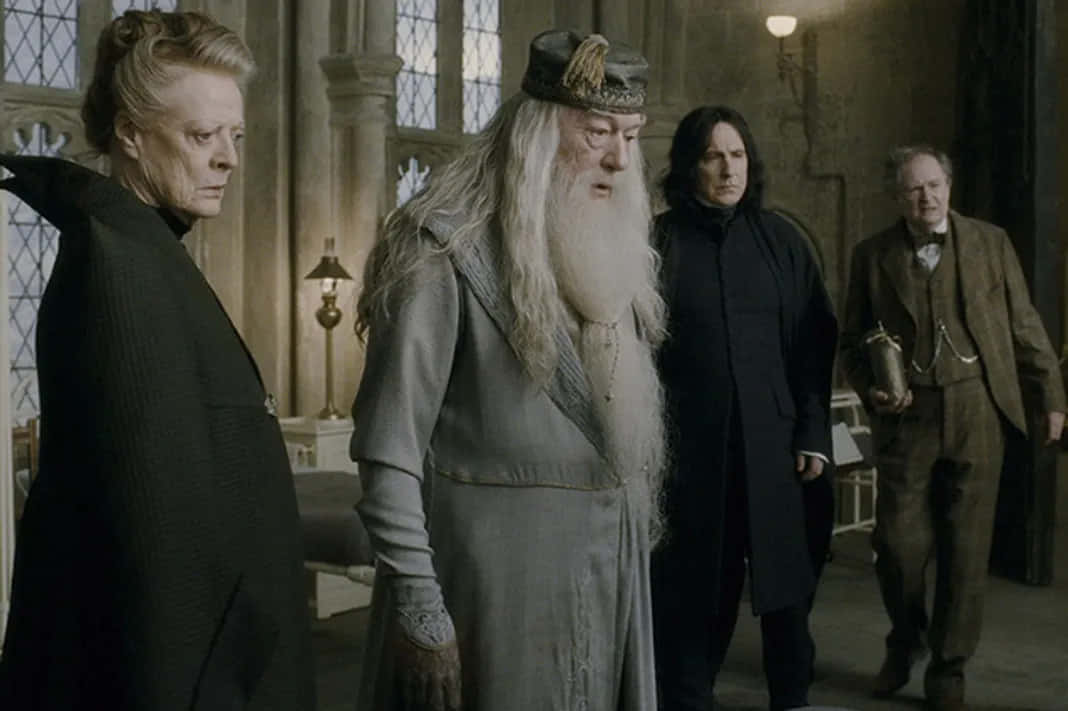 The Hogwarts Professors 桌布 壁紙 — 四位嚴肅的巫師身穿華麗長袍，站在光線昏暗的石廳中，配有哥德式窗戶和復古燈具。