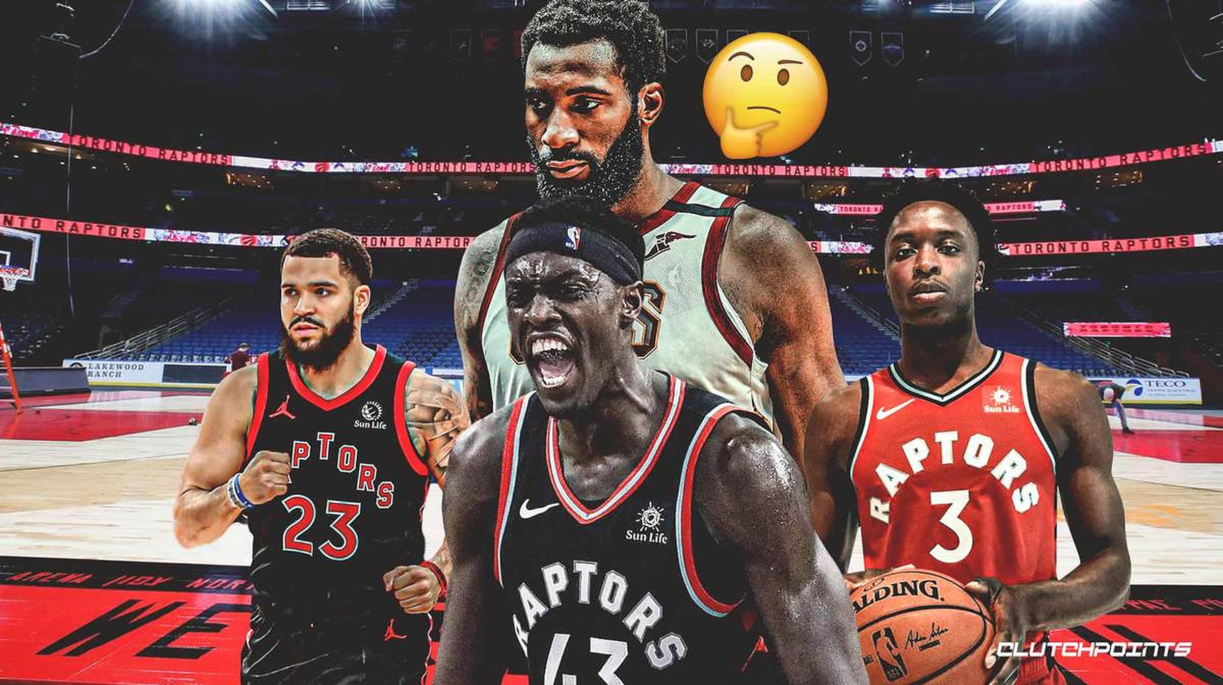 Fred Vanvleet 桌布 壁紙 — 四位多倫多暴龍隊籃球球員在球場上擺出動作姿勢，其中一位球員上方漂浮著一個思考中的表情符號。