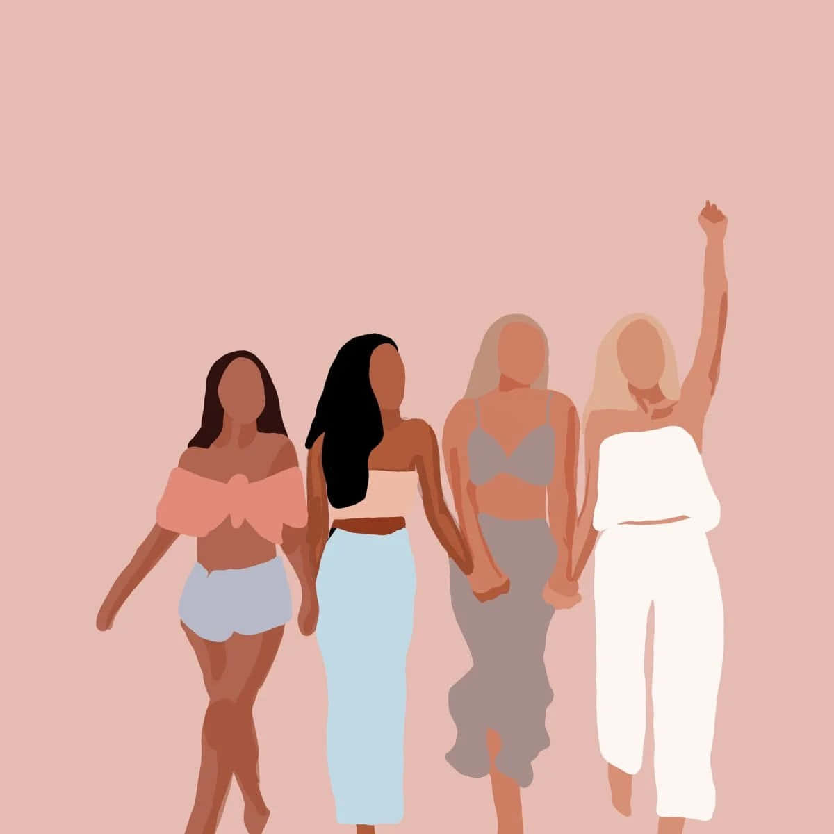 Friendship 桌布 壁紙 — 四位多元化的女性以柔和色調手牽手行走，其中一人舉起拳頭以示團結，背景為柔和的粉紅色。