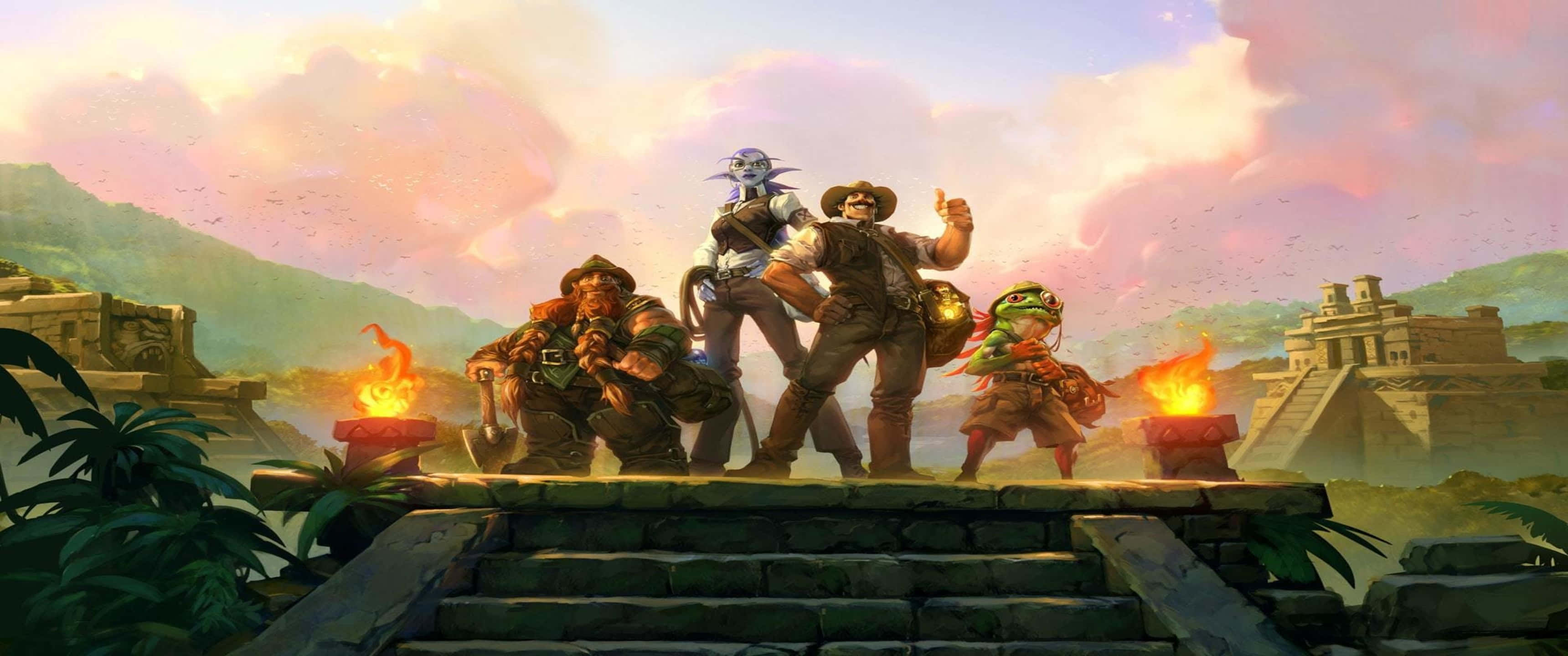 3440x1440p Hearthstone 桌布 壁紙 — 四位奇幻冒險家站在古老的石階上，兩旁有火炬，背景是日落天空下的叢林廢墟。
