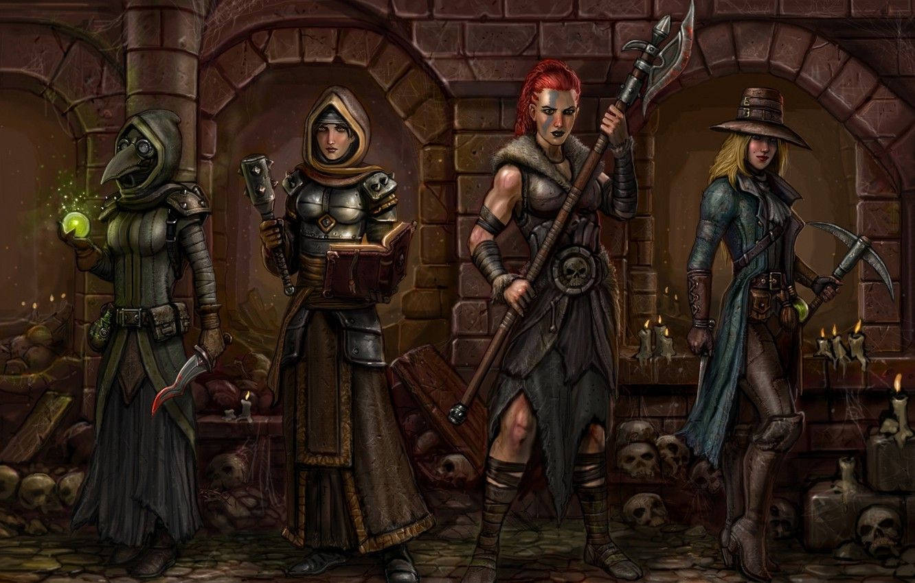 Dungeon 桌布 壁紙 — 四位奇幻冒險者站在一個昏暗的石頭地牢中，周圍環繞著頭骨和閃爍的蠟燭。